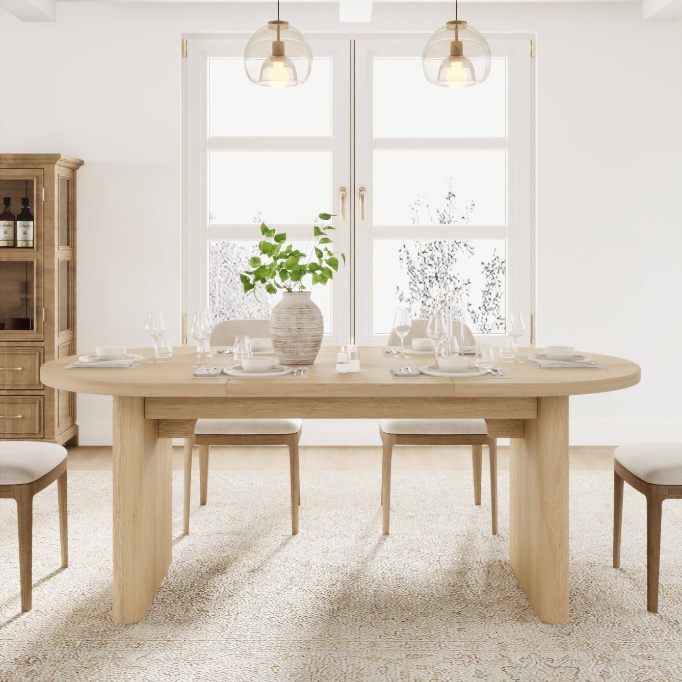 GARVEE - 70.8 Inch Oval Dining Table for 6-8 People, Long Large Kitchen Table with Thick Sturdy Wooden Base - natural