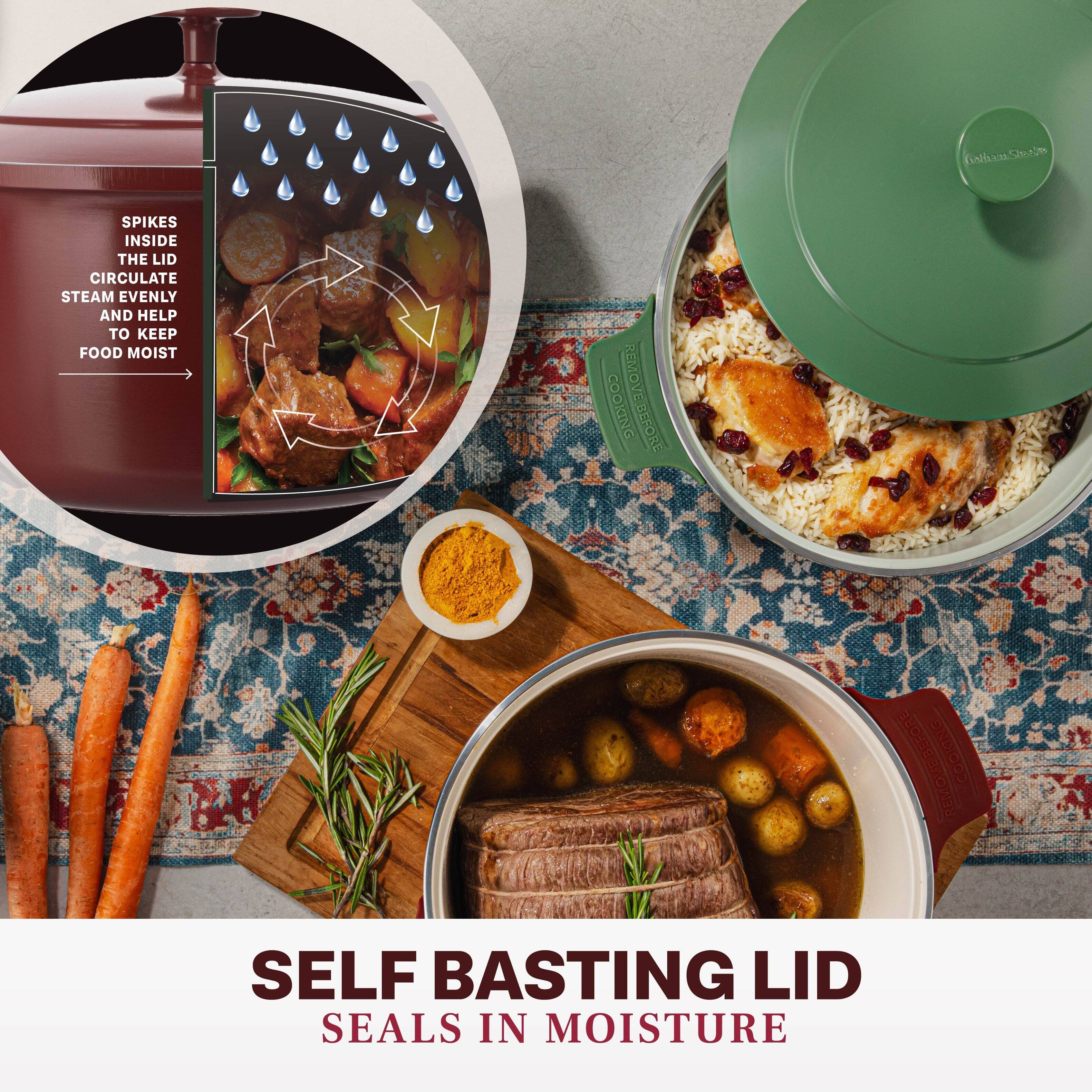 SPIKES INSIDE THE LID CIRCULATE STEAM EVENLY AND HELP TO KEEP FOOD MOIST

SELF BASTING LID
SEALS IN MOISTURE