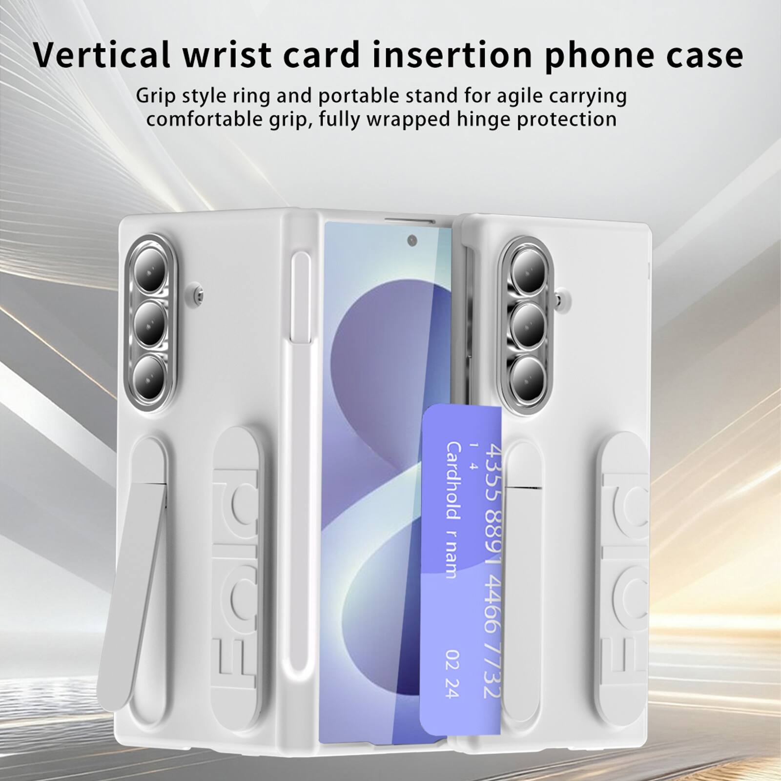 Vertical wrist card insertion phone case  
Grip style ring and portable stand for agile carrying comfortable grip, fully wrapped hinge protection  
Cardhold 1688  
4 4355 8891 4466 02 7732 24