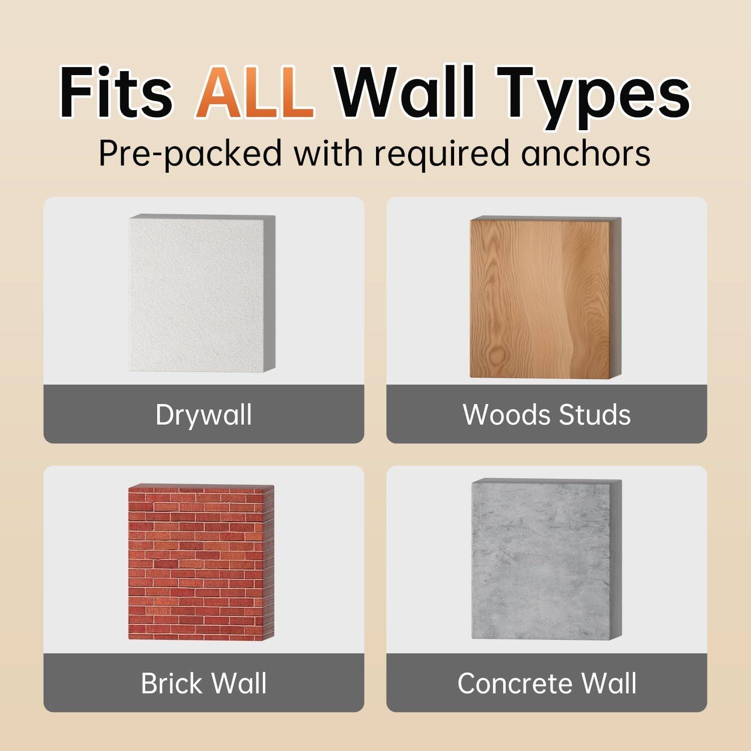 Fits ALL Wall Types  
Pre-packed with required anchors  

- Drywall  
- Woods Studs  
- Brick Wall  
- Concrete Wall