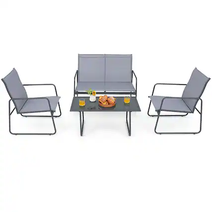 Front. Costway - Costway 4-Piece Metal Patio Furniture Chat Set Outdoor Conversation Table Garden - Grey,Black.