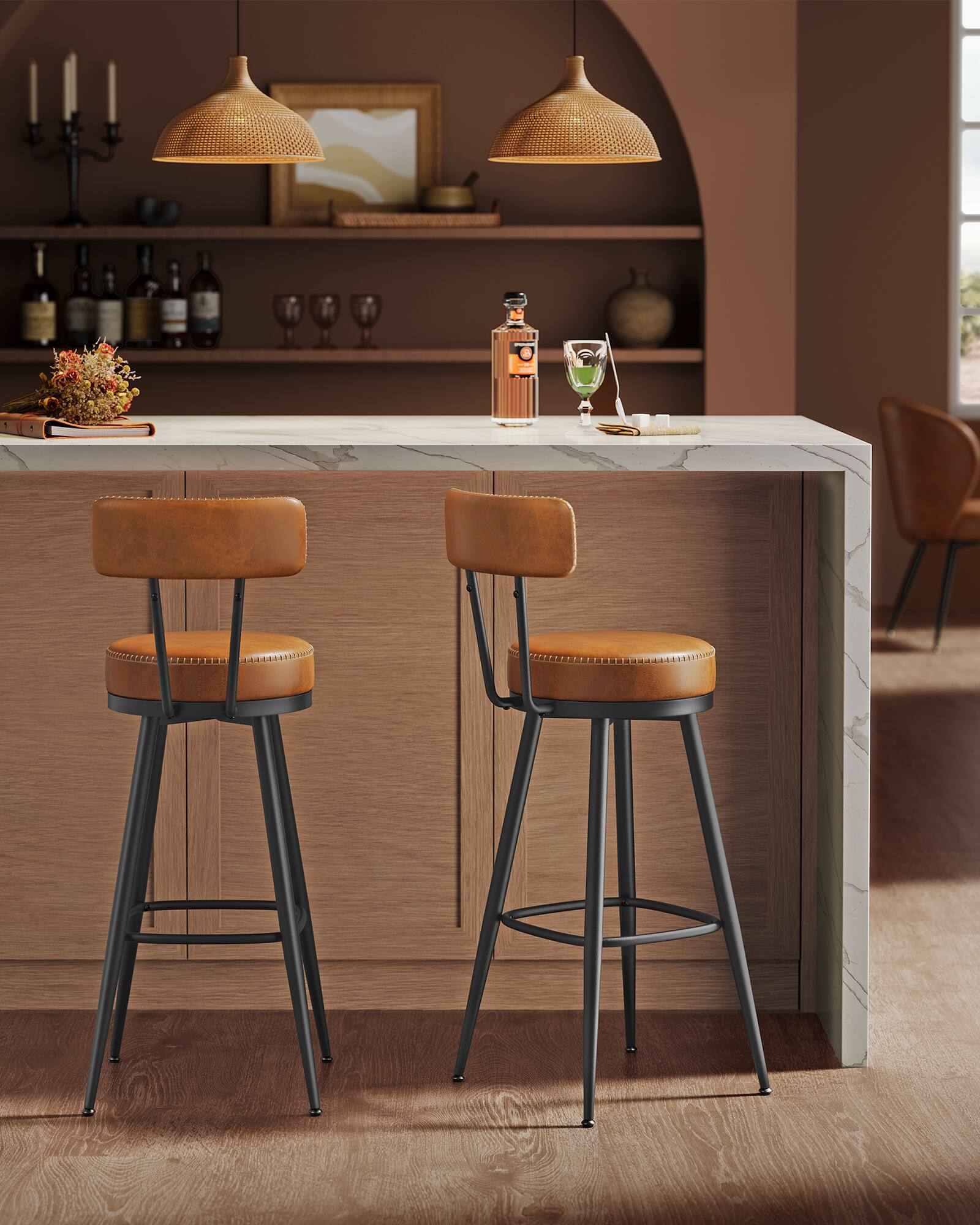 Left. Songmics Home - Bar Stools Set of 2, Swivel Bar Height Bar Stools with Back, Synthetic Leather with Stitching, Mid-Century Modern - Caramel.