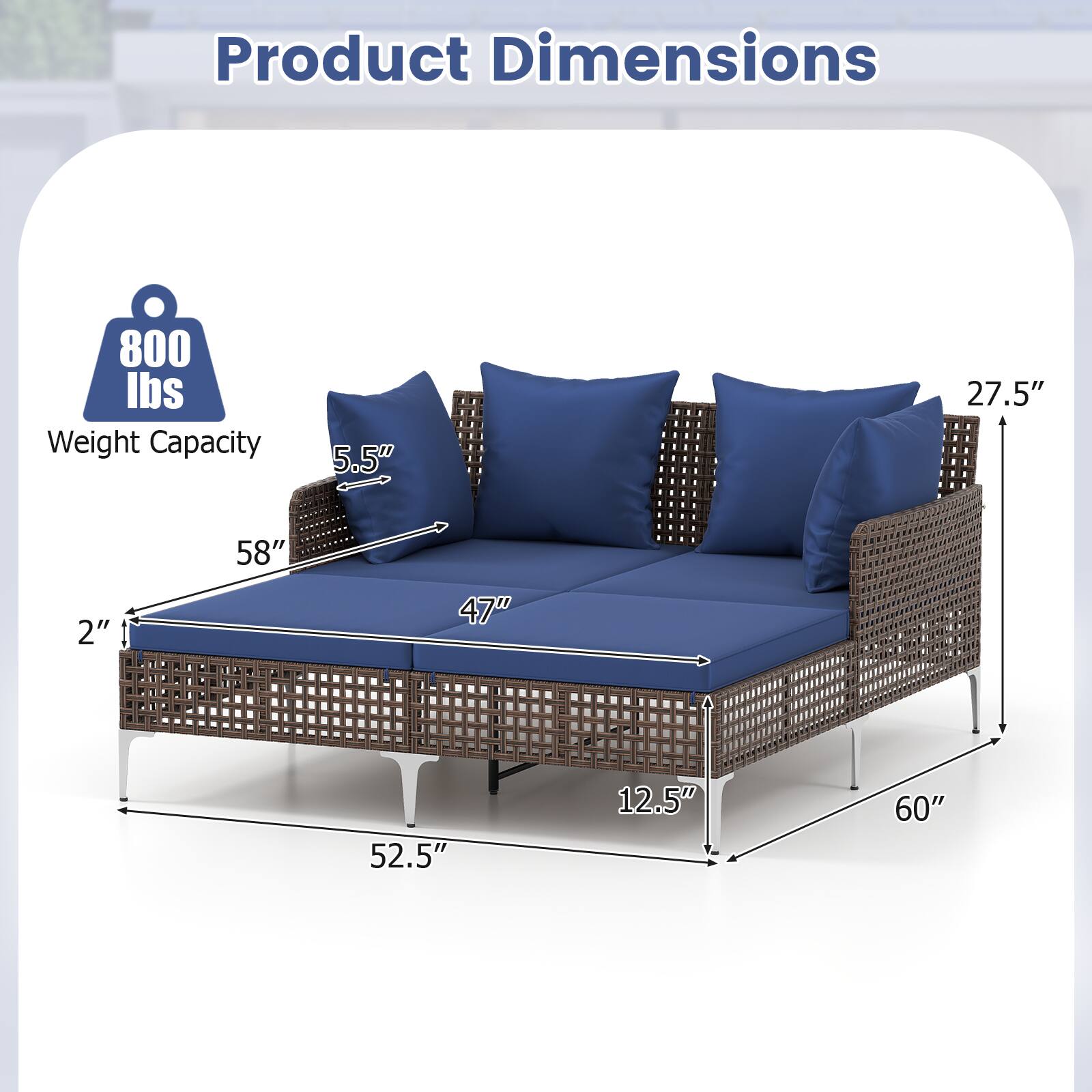 Product Dimensions

Weight Capacity: 800 lbs

- Width: 52.5"
- Depth: 58"
- Height: 27.5"
- Seat Height: 12.5"
- Armrest Height: 27.5"
- Back Height: 27.5"
- Seat Depth: 47"
- Armrest Width: 5.5"