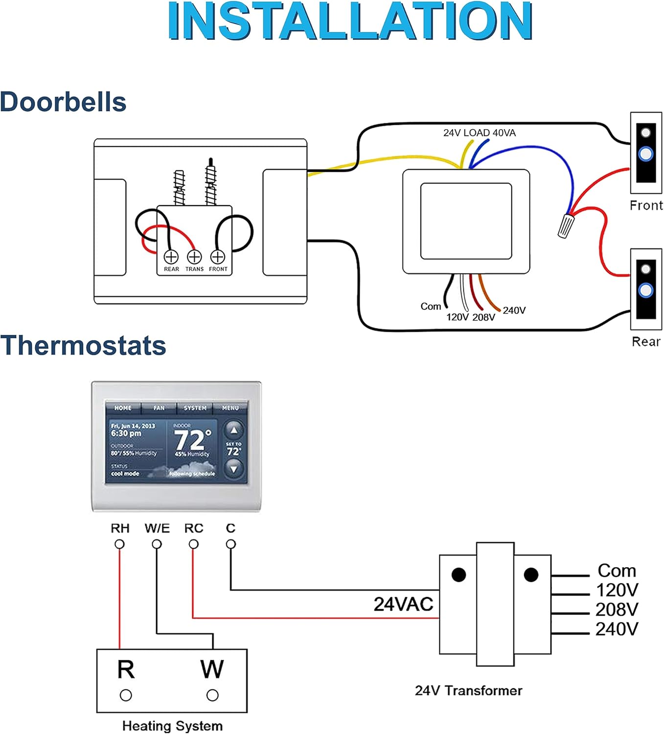 **INSTALLATION**

**Doorbells**  
24V LOAD 40VA  
Front + Rear  
TRANS FRONT

**Thermostats**  
Com 240V 120V 208V  
Rear  
Front

**Heating System**  
24VAC  
Com 120V 208V 240V  
24V Transformer
