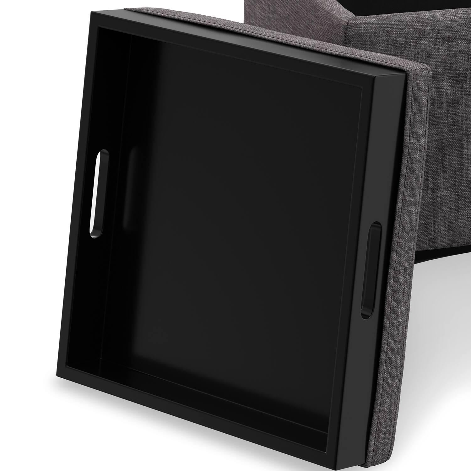 Alt View 5. Simpli Home - Natasha 18 inch Wide Mid Century Square Mid Century Storage Ottoman with Tray in Slate Grey Polyester Linen, Assembled - Slate Grey.