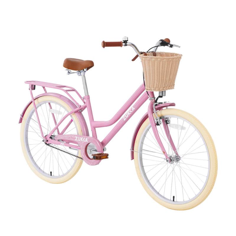 HTUTWOO - 24" Girls Bike for 10+ Years - Leather Saddle, Rubber Tires,Front V Brake & Rear Coaster Brake with Basket and Rear Rack - Light Pink