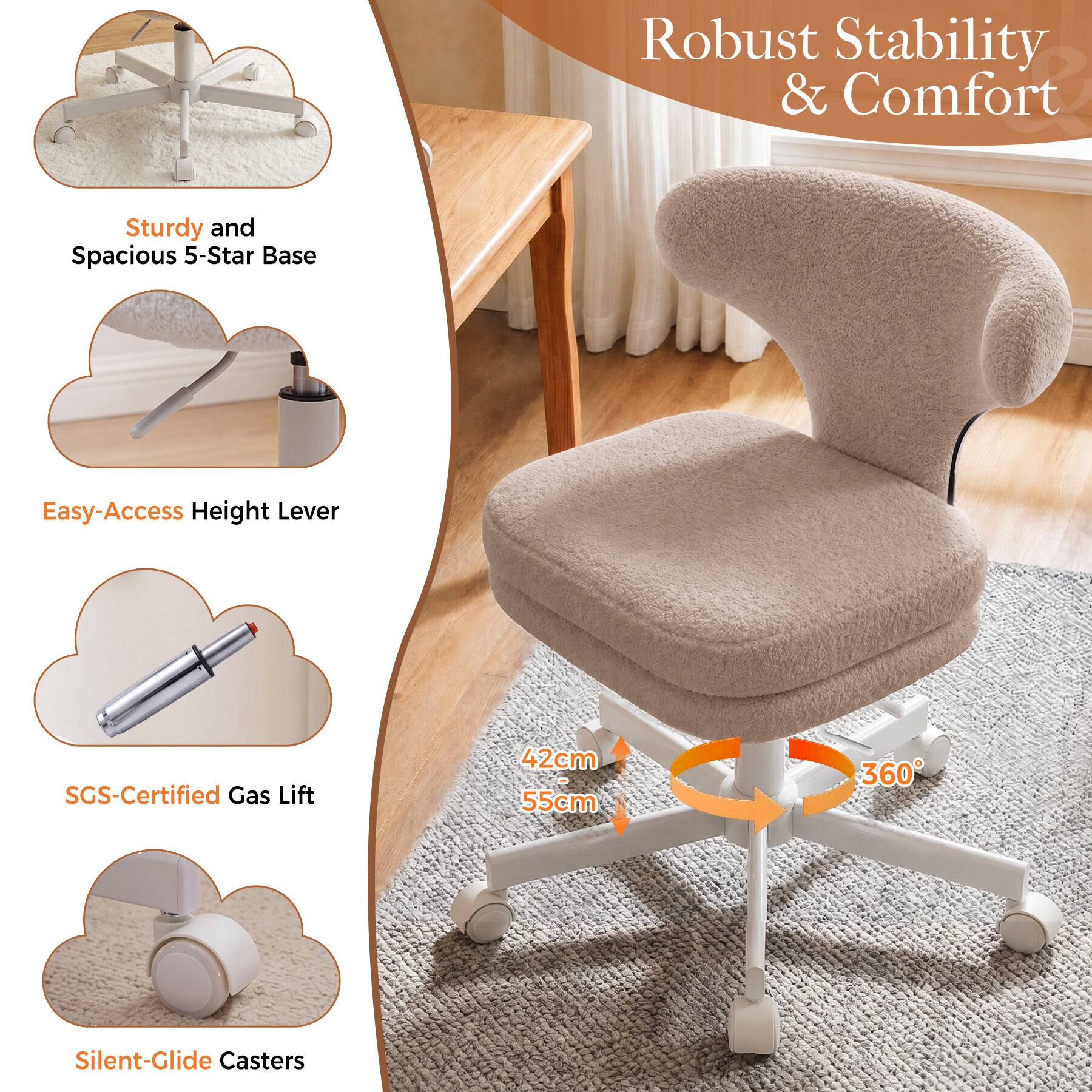 Robust Stability & Comfort

Sturdy and Spacious 5-Star Base

Easy-Access Height Lever

SGS-Certified Gas Lift

42cm 55cm

360°

Silent-Glide Casters