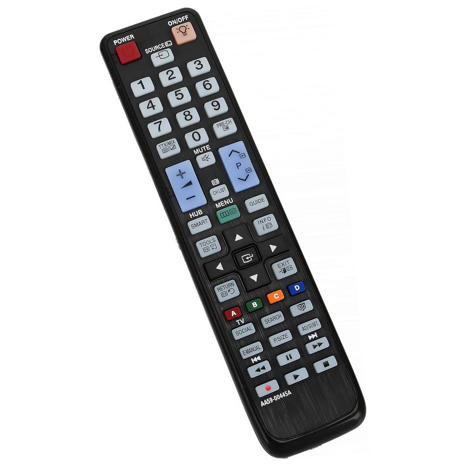 ON/OFF  
POWER  
SOURCE  
1 2 3  
4 5 6  
7 8 9  
0  
PRE-CH  
TX/MIX  
MUTE  
P  
CHLIST  
MENU  
HUB  
SMART  
TOOLS  
GUIDE  
INFO  
EXIT  
RETURN  
TV  
SEARCH  
SOCIAL  
AD/SUBT.  
P.SIZE  
E-MANUAL  
AA59-00445A