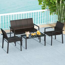 Gymax - 4 PCS Patio Furniture Set Heavy Duty Galvanized Metal Frame Wicker Table - Mix Brown