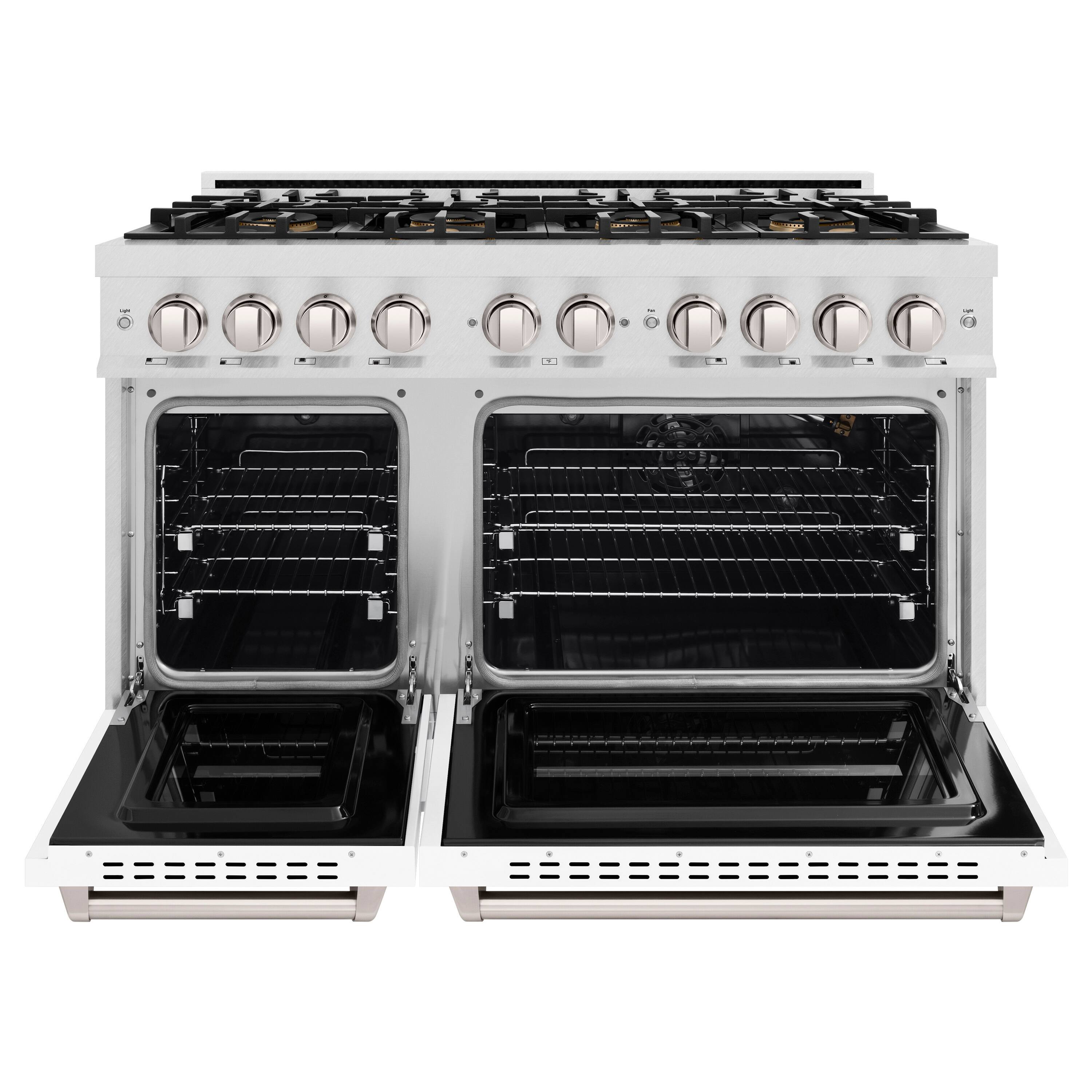 Angle. ZLINE - 48 in. 6.7 cu. ft. Classic Freestanding DuoPro Gas Range with Dual Ovens in Satin Stainless Steel & White Doors - White Matte.