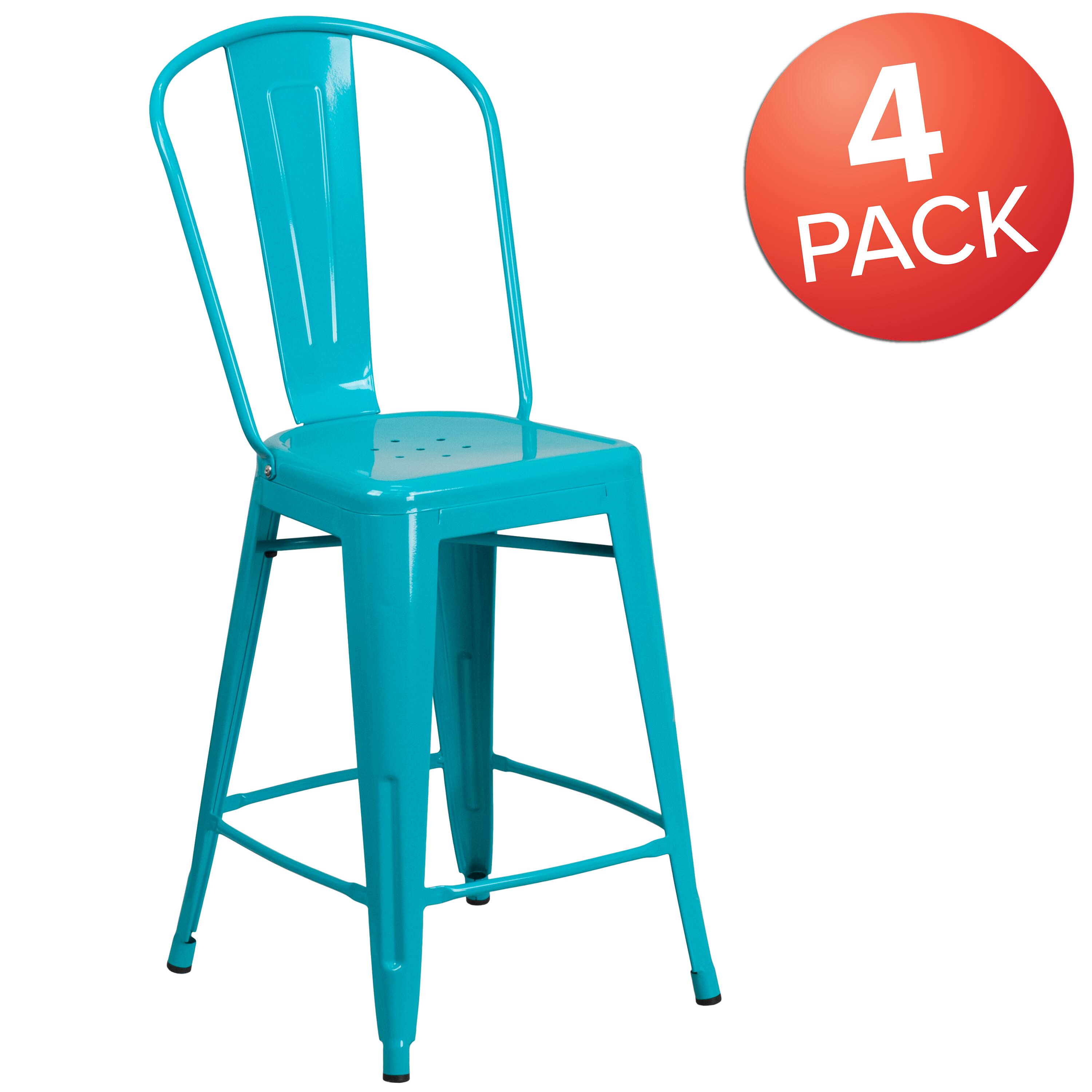 Alt View 1. Emma + Oliver - Commercial Grade 4 Pack 24" High Metal Indoor-Outdoor Counter Height Stool with Back - Crystal Teal-Blue.