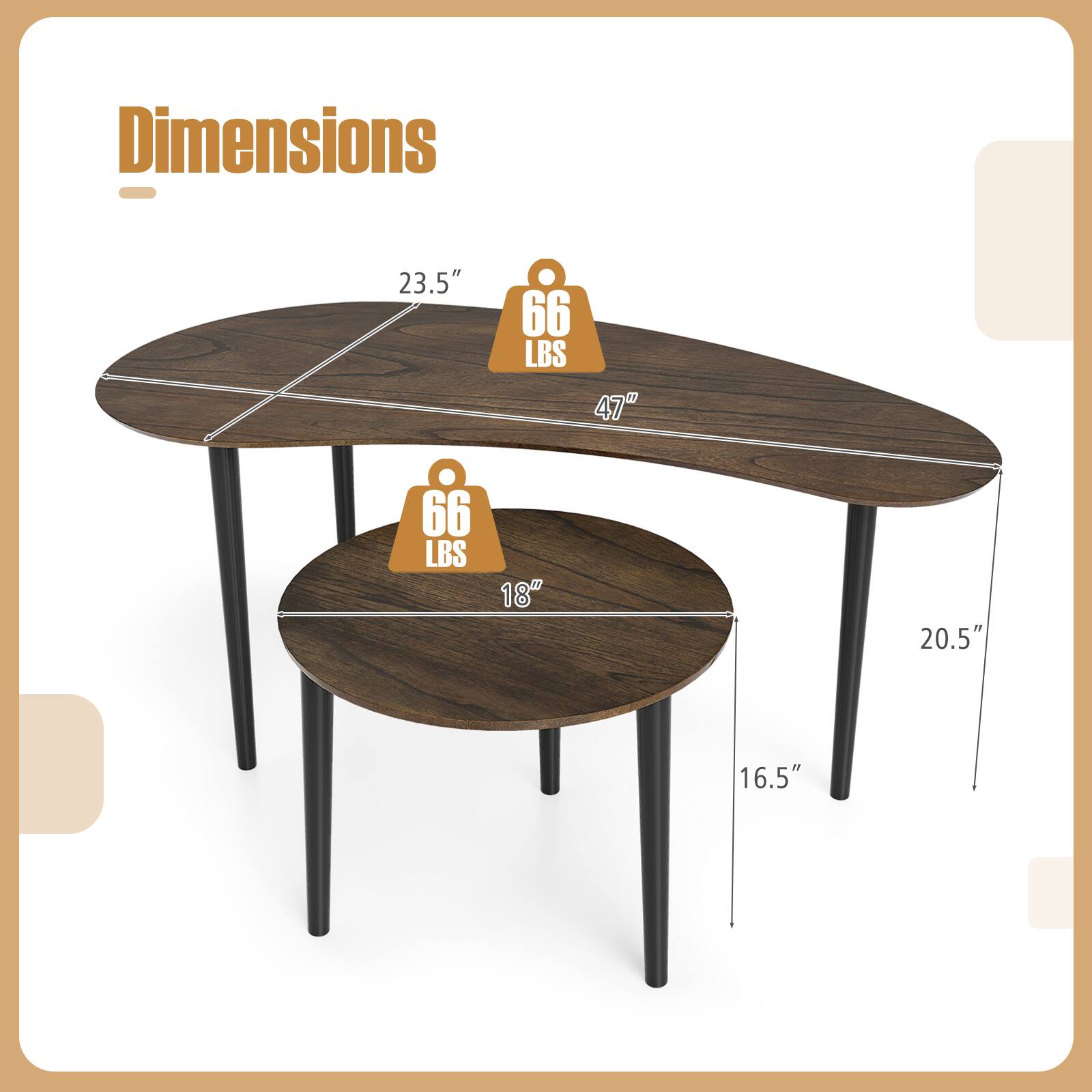 Dimensions: 23.5" x 47" x 18"  
Weight: 66 LBS  
Leg Height: 20.5"  
Leg Width: 16.5"