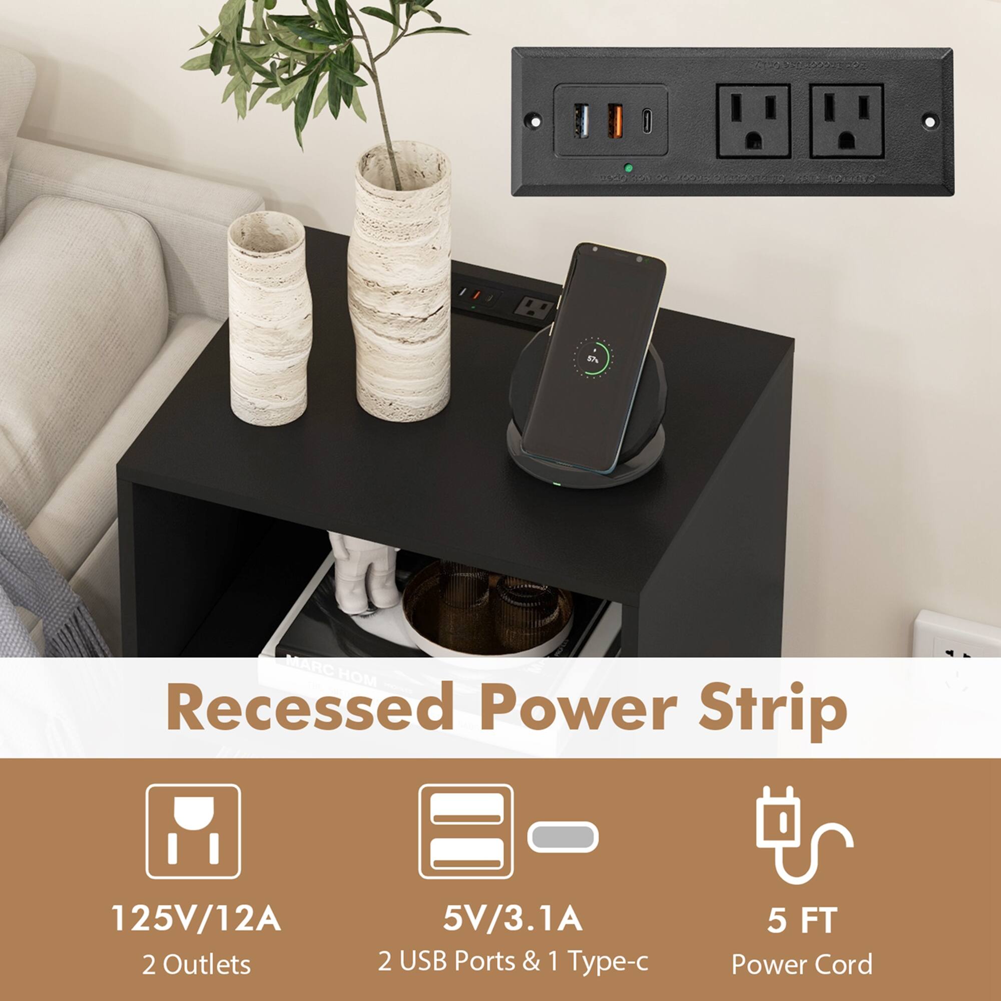Recessed Power Strip

- 125V/12A
- 2 Outlets
- 5V/3.1A
- 2 USB Ports & 1 Type-C
- 5 FT Power Cord
