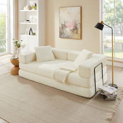 Front. Meqiodas - 81''Convertible Sofa Bed, Folding Floor Couch with Square Armrest, Comfy Sleeper Mattress for Living Room - Beige.