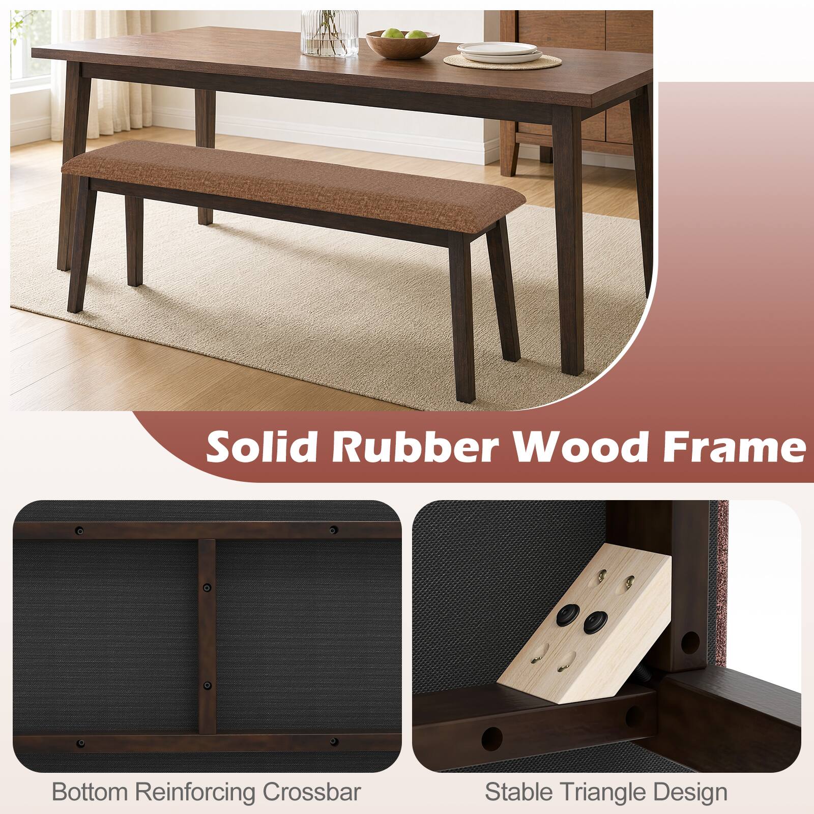 Solid Rubber Wood Frame  
Bottom Reinforcing Crossbar  
Stable Triangle Design