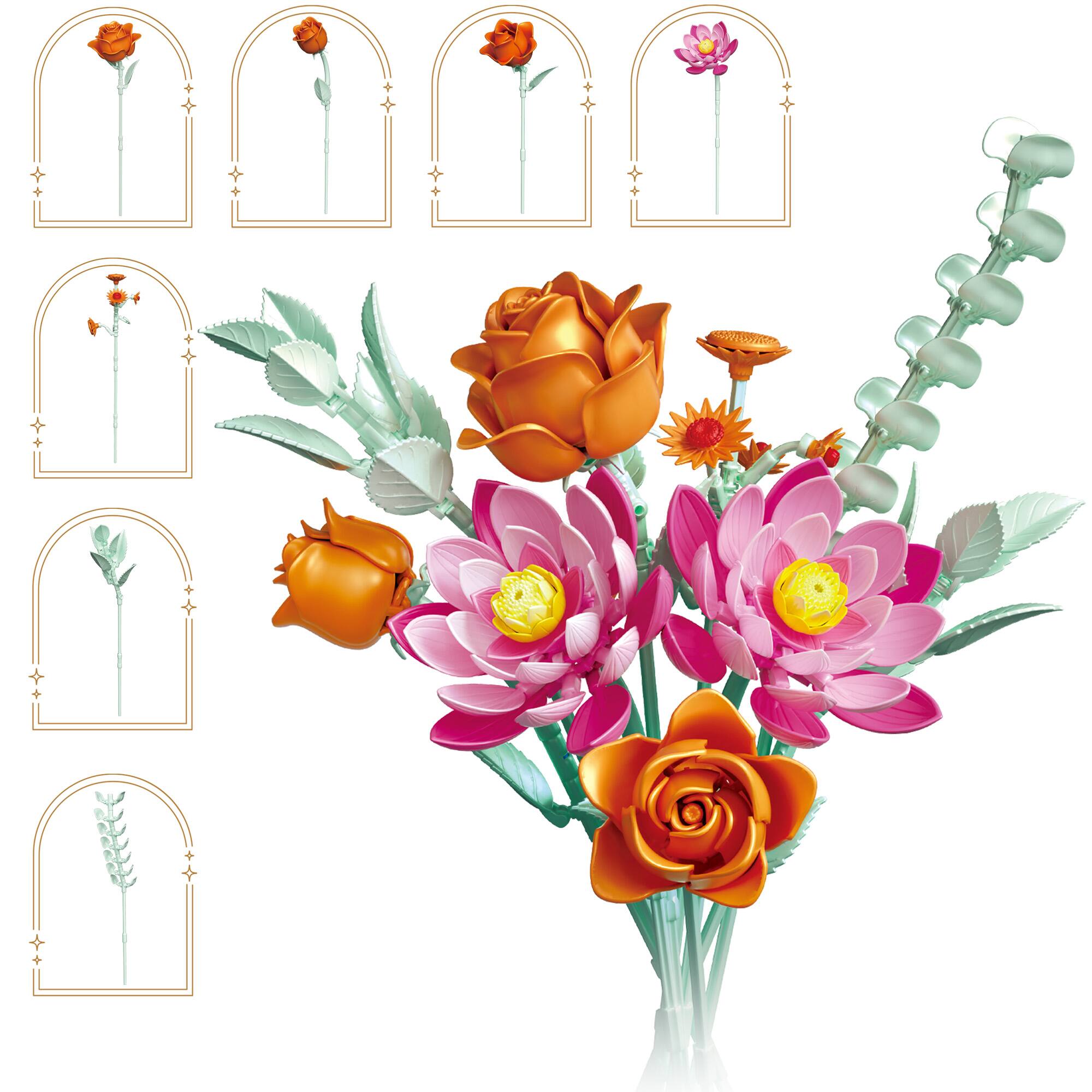 Angle. Contixo - BK10 Flower Bouquet Building Set, 360-Piece Botanical Brick Kit with Adjustable Stems for Kids & Adults Ages 8+ - Orange.
