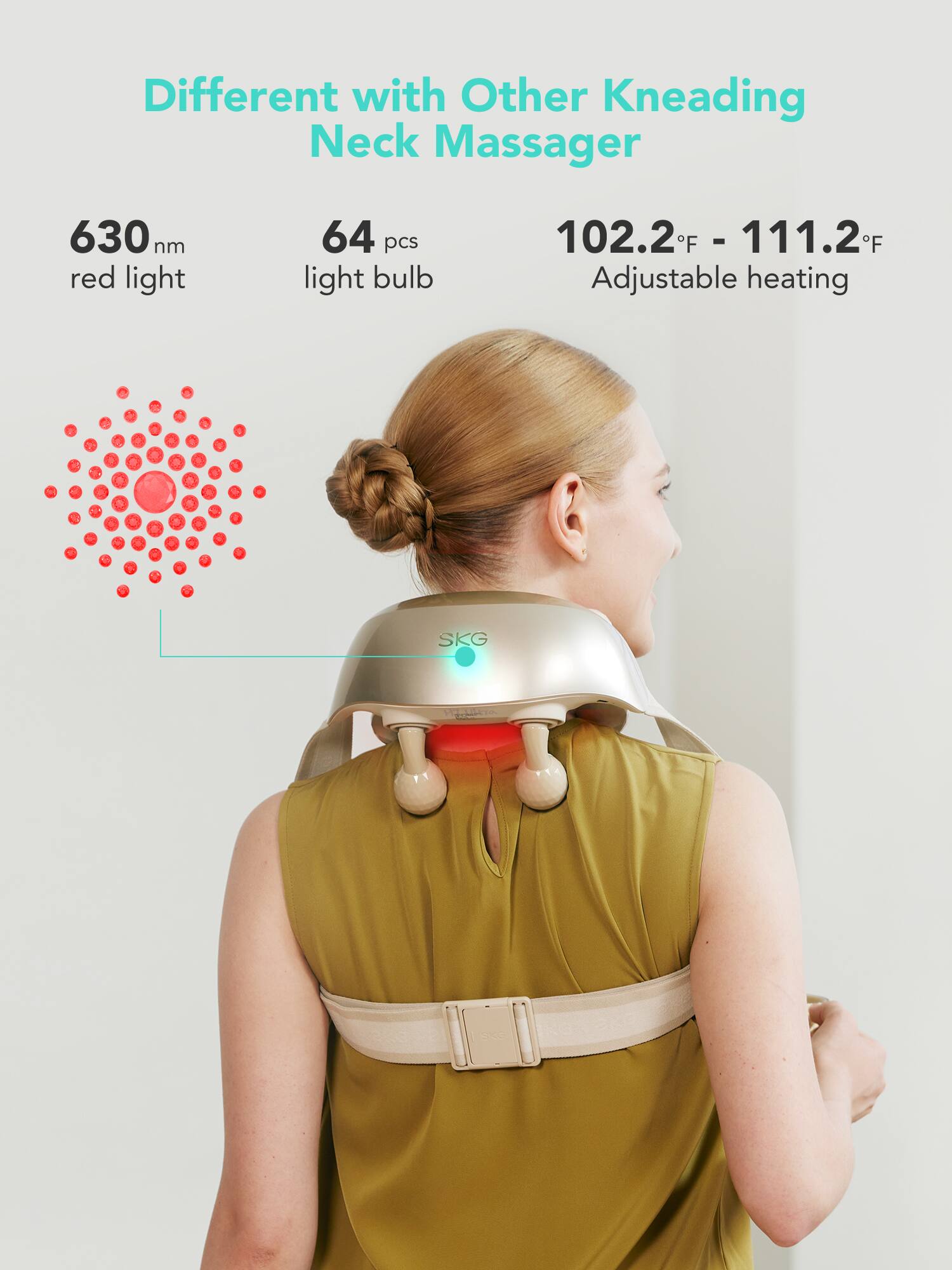Different with Other Kneading Neck Massager  
630 nm red light  
64 pcs light bulb  
102.2°F - 111.2°F Adjustable heating  
SKG