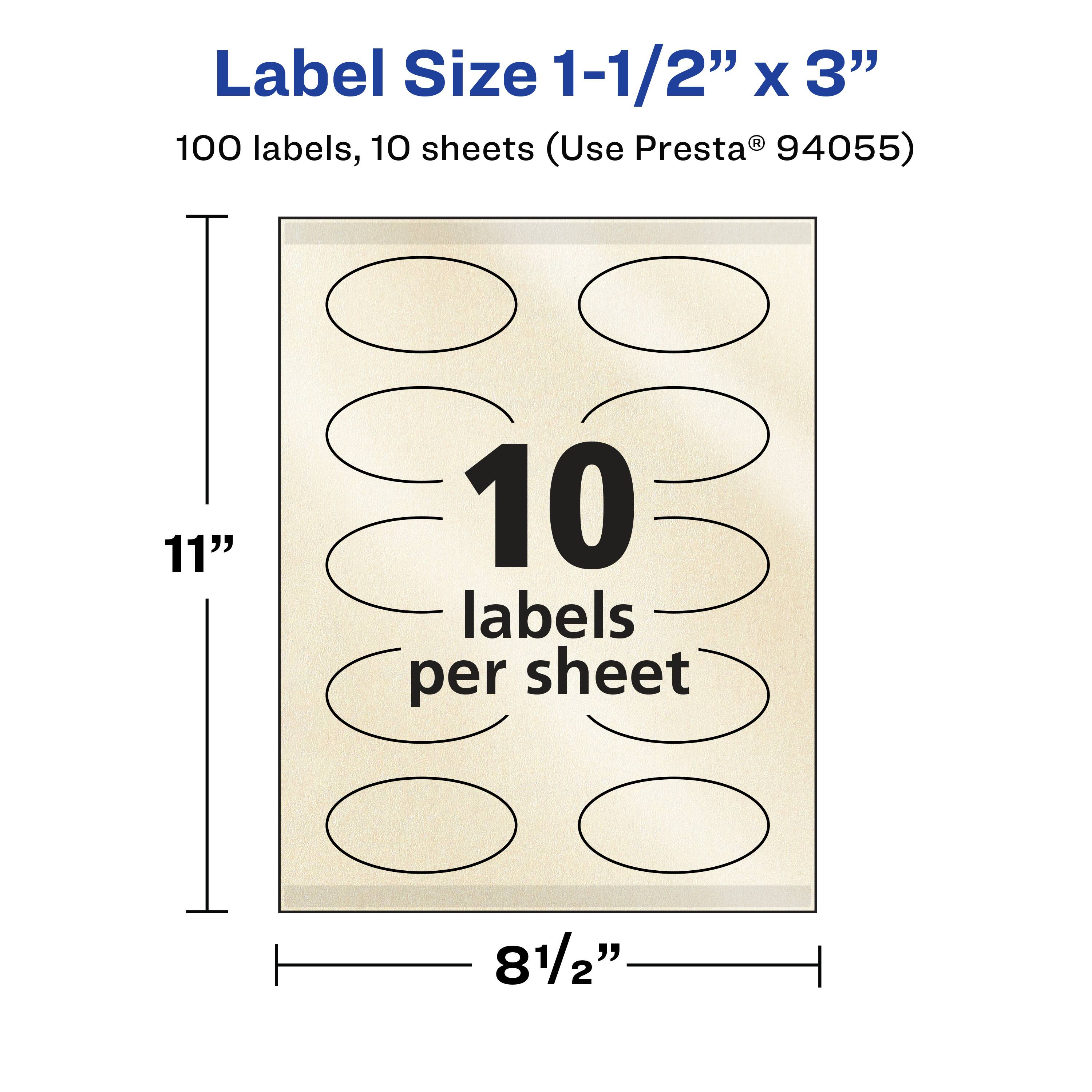 Label Size 1-1/2" x 3"  
100 labels, 10 sheets (Use Presta® 94055)  
11" x 81/2"  
10 labels per sheet