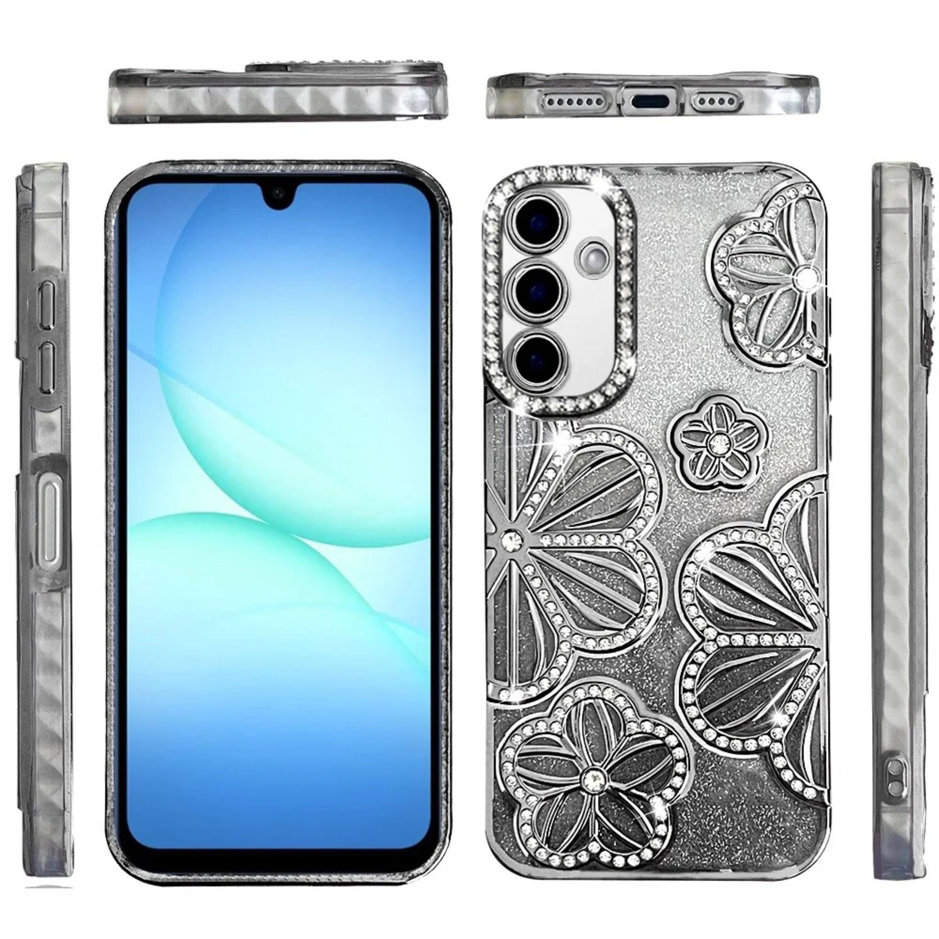 Left. Kitcheniva - Bling Floral 3D Glitter Phone Cover Plus Tempered Glass For Samsung A17 5G Black - Black.