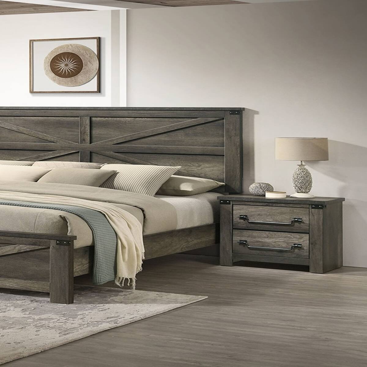 Alt View 1. Loheer - Loheer Rustic Gray Farmhouse Nightstand, Two Drawer Bedside Table with Metal Accents - Gray.