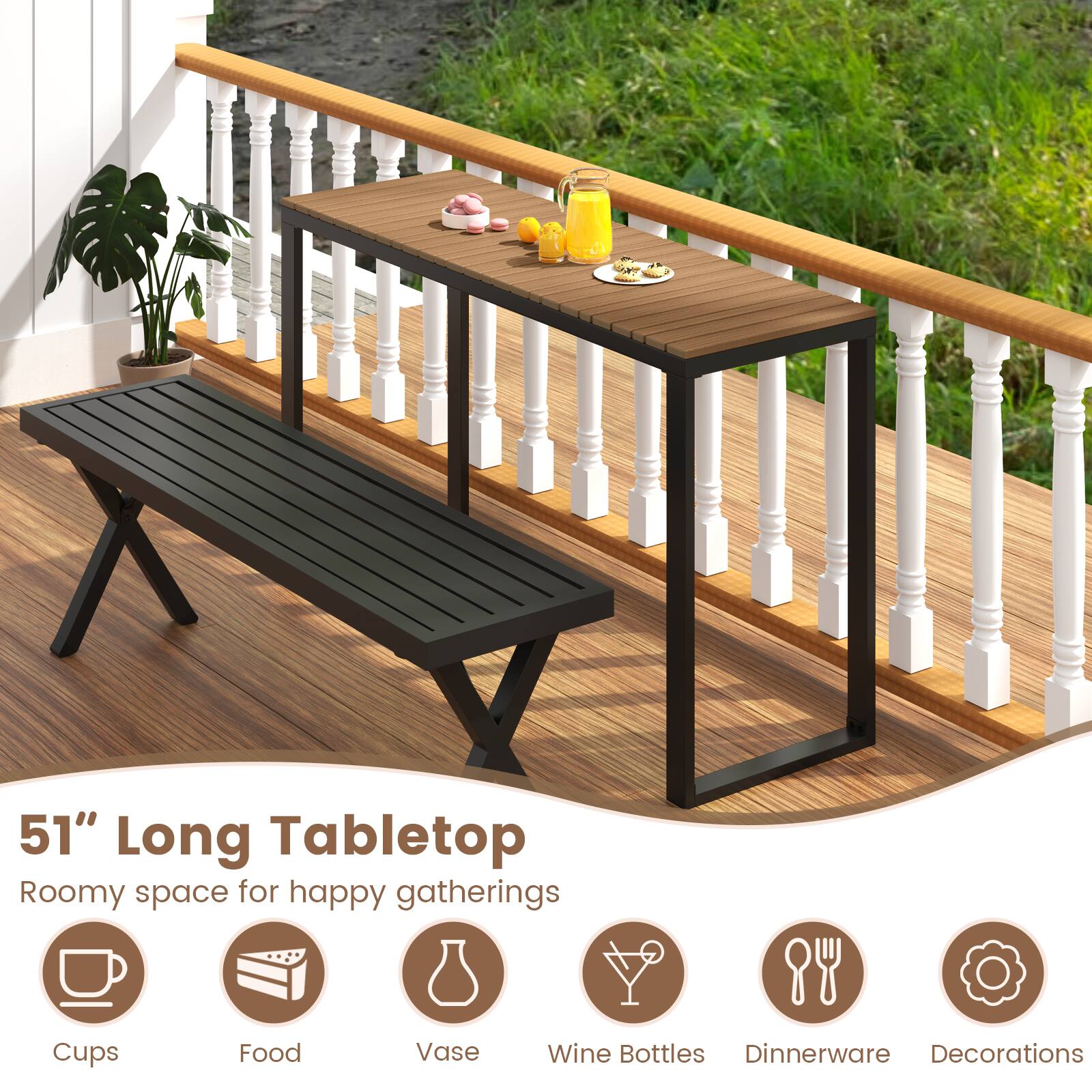 51" Long Tabletop, Roomy space for happy gatherings, Cups, Food, Vase, Wine Bottles, Dinnerware, Decorations