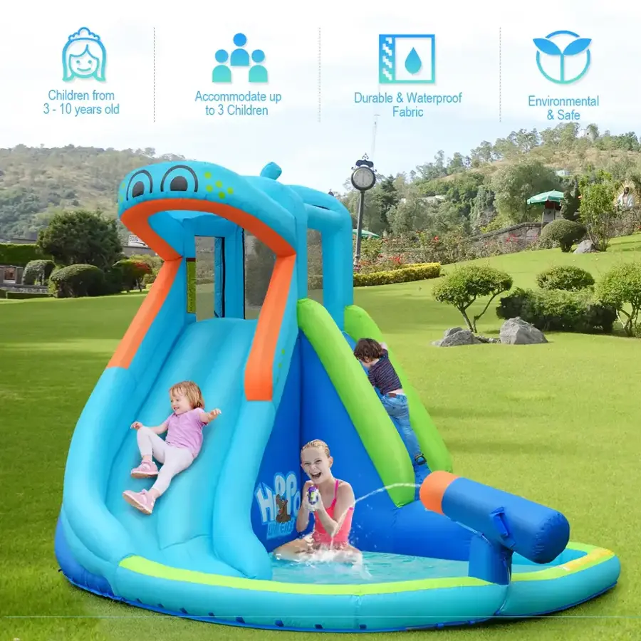 The text on the image reads: "Children from 3-10 years old. Accommodate up to 3 Children. Durable & Waterproof Fabric. Environmental & Safe."