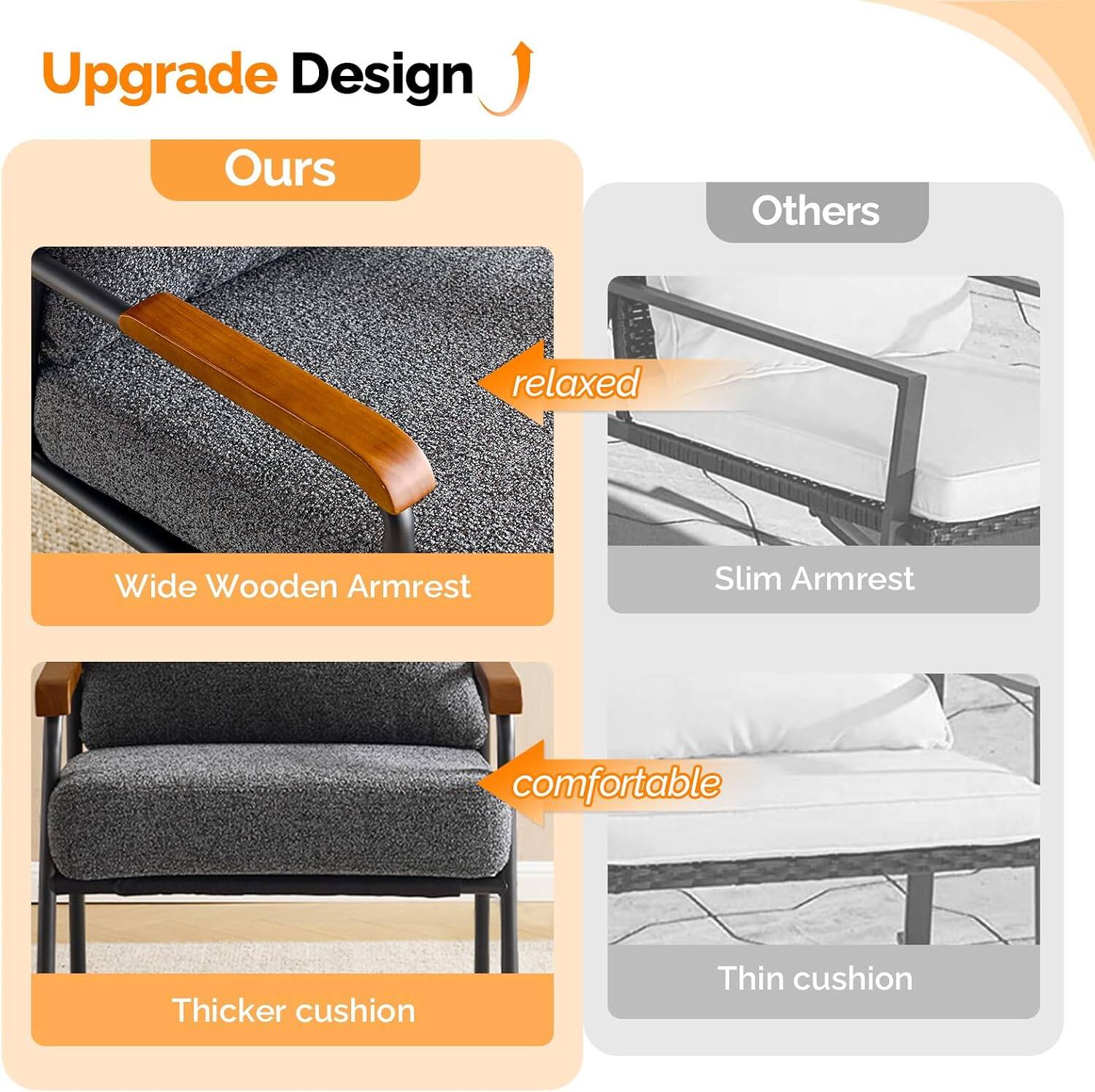 Upgrade Design

Ours
- Wide Wooden Armrest
- Thicker cushion

Others
- Slim Armrest
- Thin cushion

relaxed
comfortable