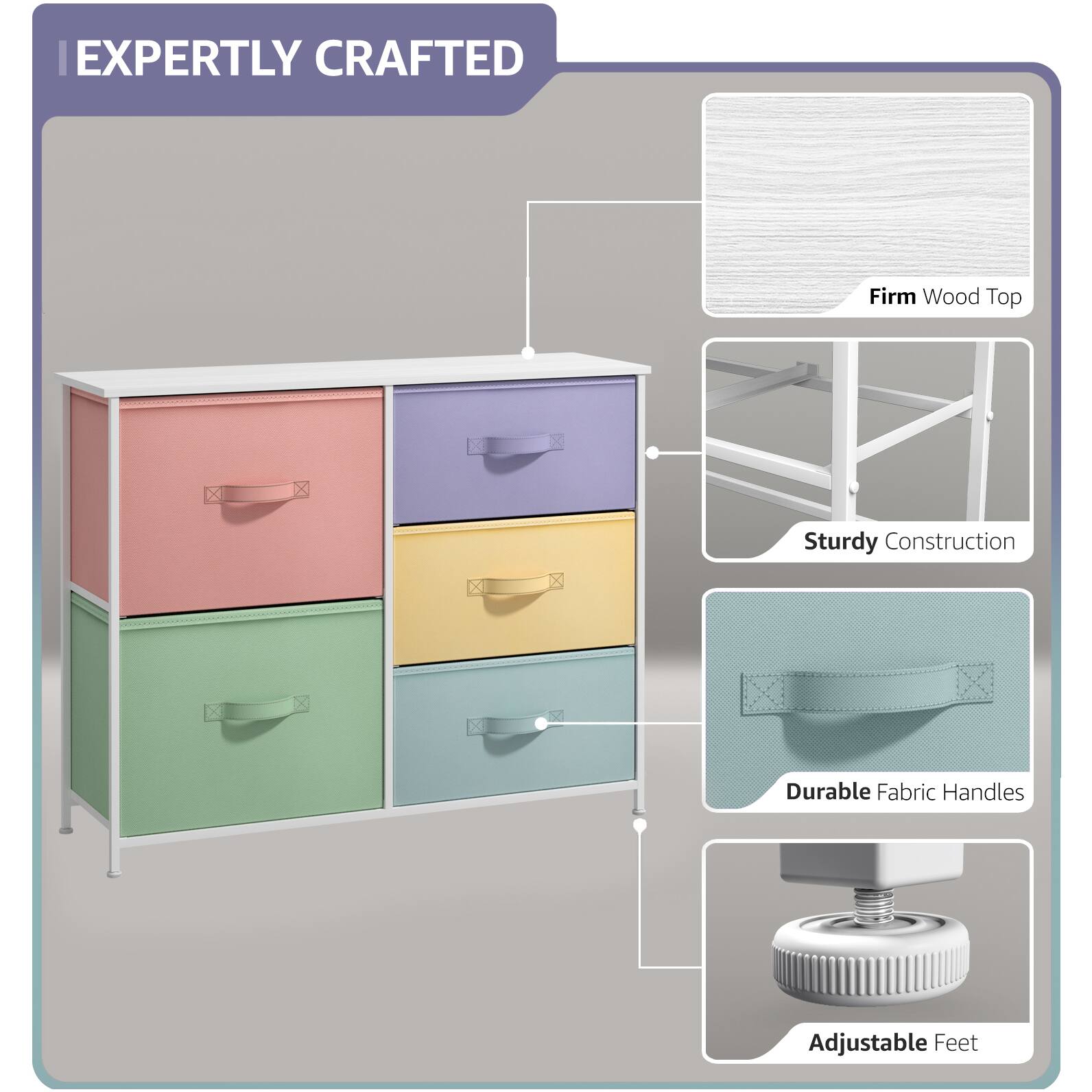 EXPERTLY CRAFTED

- Firm Wood Top
- Sturdy Construction
- Durable Fabric Handles
- Adjustable Feet