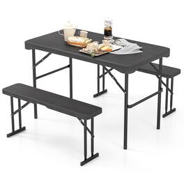 Gymax - Outdoor Table Bench Set Folding Picnic Table Set w/ 2 Benches Sturdy Metal Frame - Black
