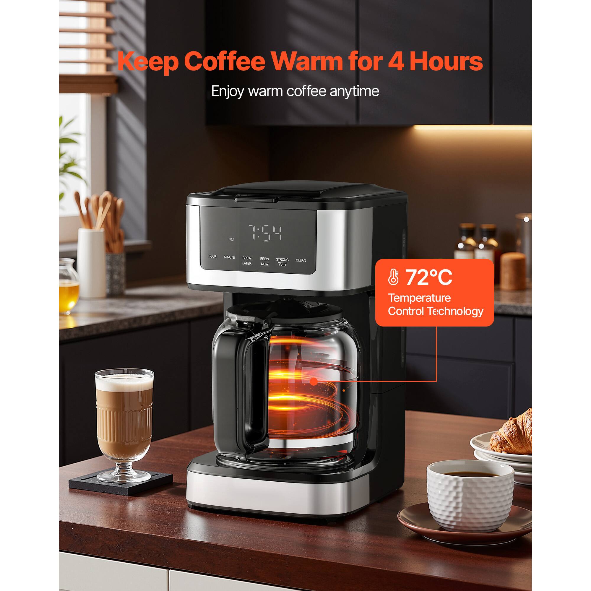 Keep Coffee Warm for 4 Hours  
Enjoy warm coffee anytime  

72°C  
Temperature Control Technology