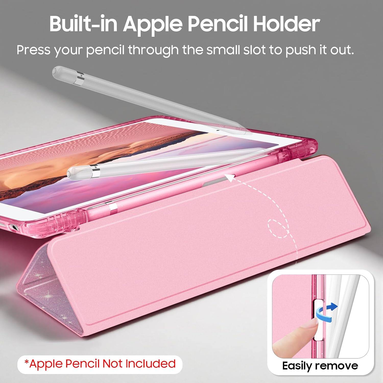 Built-in Apple Pencil Holder  
Press your pencil through the small slot to push it out.  
*Apple Pencil Not Included  
Easily remove