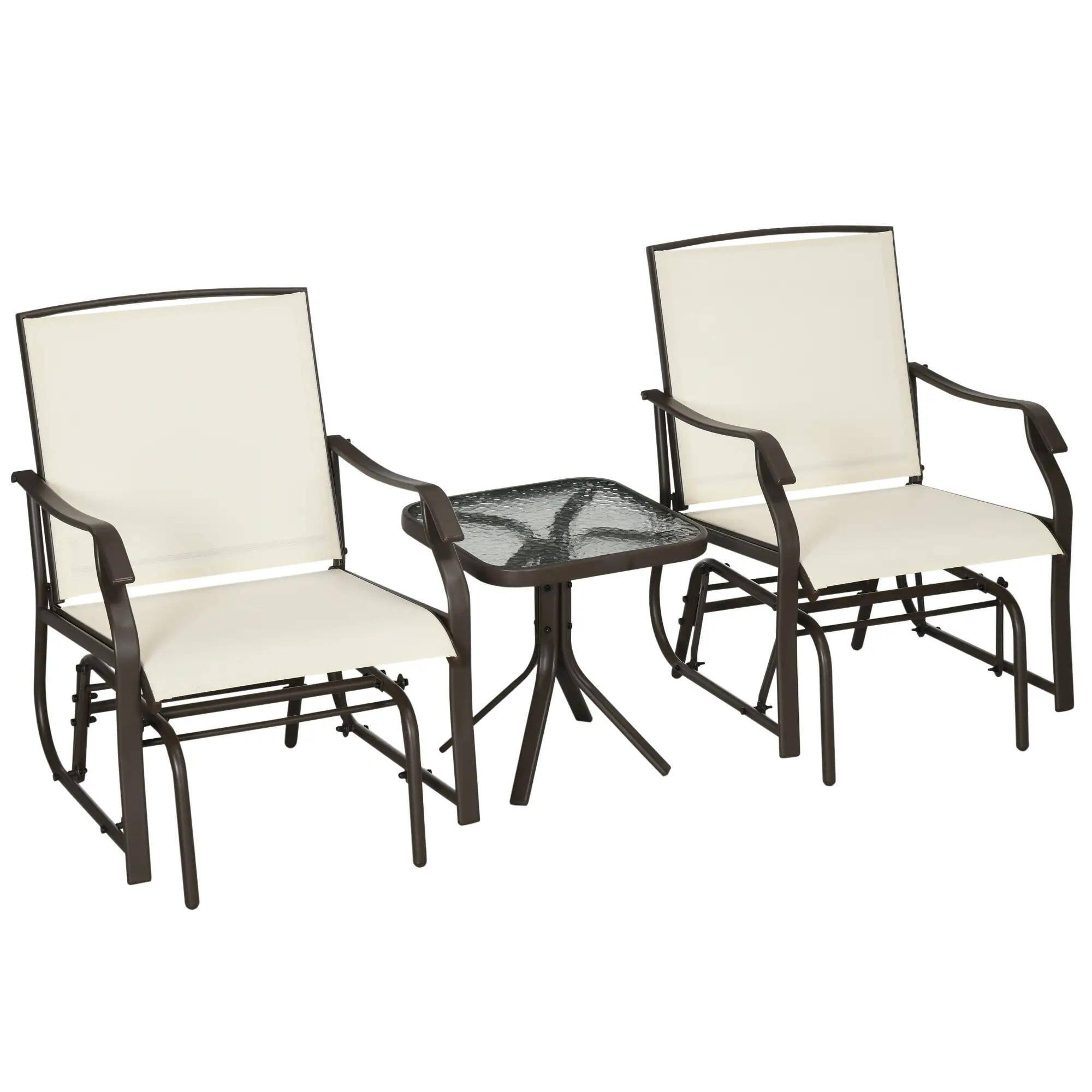 Angle. Resenkos - Resenkos 3-Piece Bistro Set, Outdoor Glider Rocking Chairs, Sling Fabric, Glass Table, Perfect for Garden, Cream White - Cream White.