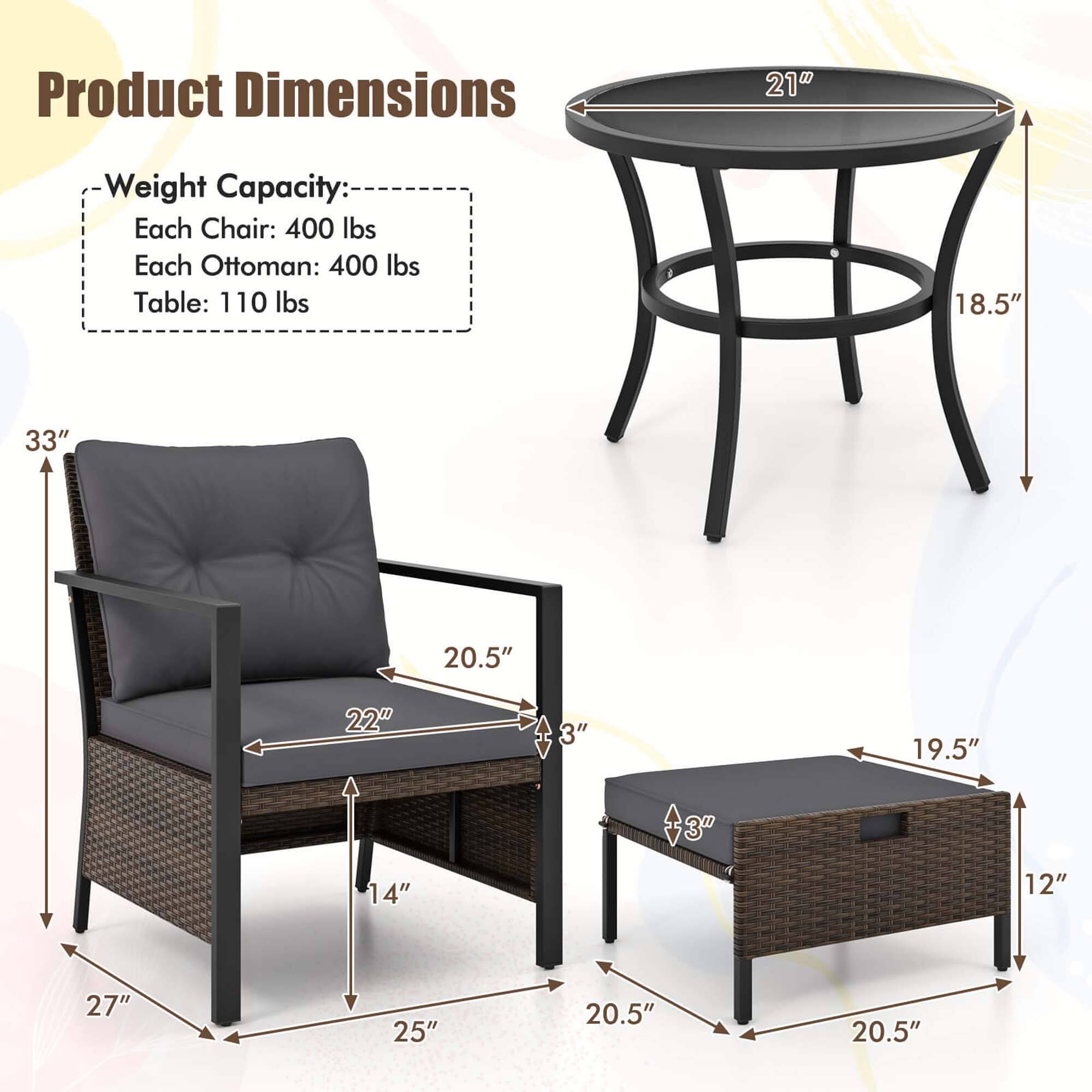 Product Dimensions:
- Chair: 21"
- Weight Capacity: 400 lbs
- Ottoman: 400 lbs
- Table: 110 lbs
- Chair: 33"
- Chair: 20.5"
- Chair: 22"
- Chair: 3"
- Chair: 19.5"
- Chair: 14"
- Chair: $3
- Chair: 12"
- Chair: 27"
- Chair: 25"
- Chair: 20.5"
- Chair: 20.5"