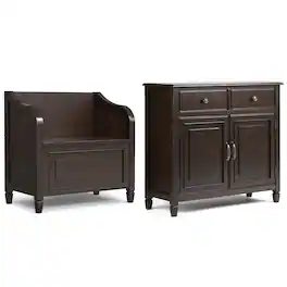 Simpli Home - Connaught Solid Wood 30 inch Wide Small Storage Bench and 40 inch Wide Storage Cabinet in Dark - Chestnut Brown