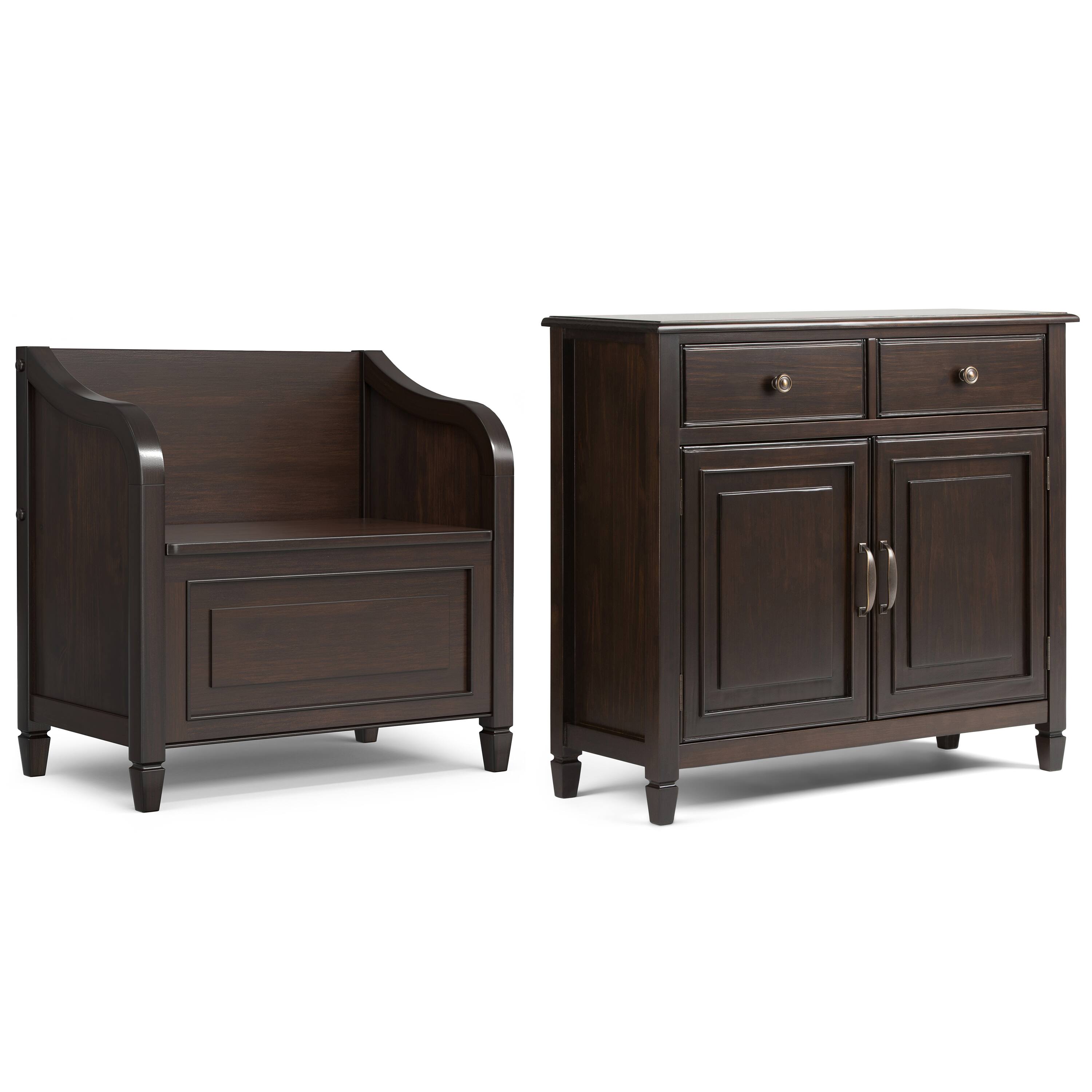 Front. Simpli Home - Connaught Solid Wood 30 inch Wide Small Storage Bench and 40 inch Wide Storage Cabinet in Dark Chestnut Brown - Chestnut Brown.