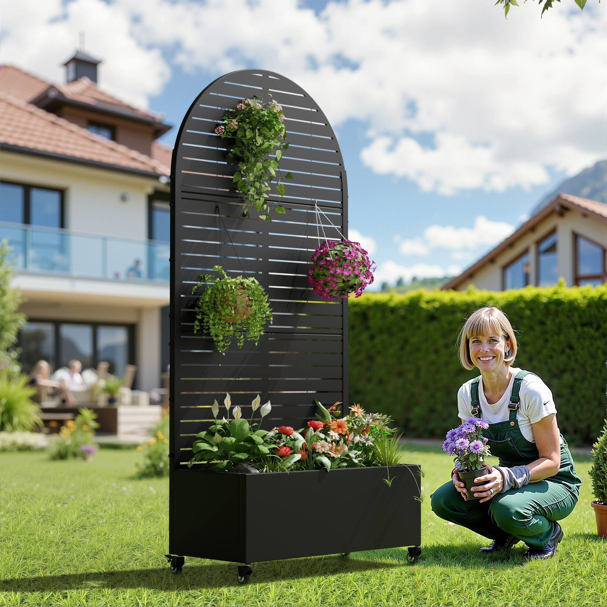 Alt View 1. PexFix - 72 in. H x 35 in. W Louvered Pattern Arch Metal Planter Box Raised Garden Beds with Trellis-Ideal for Balcony - Black.