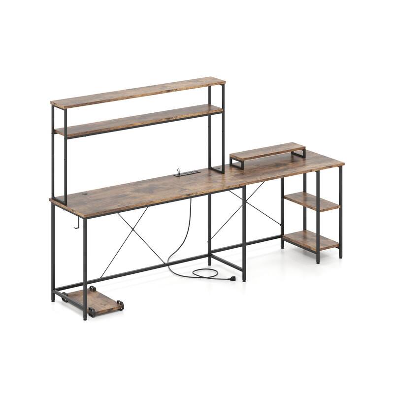 Angle. WELLFOR - Large Reversible Computer Desk with LED Light&  Power Outlets,L Shape Desk Gaming Desk with Hutch& Monitor Stand - Rustic Brown.