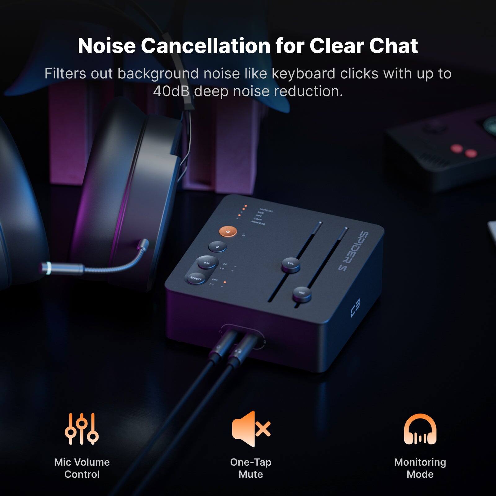 Noise Cancellation for Clear Chat  
Filters out background noise like keyboard clicks with up to 40dB deep noise reduction.  

- Mic Volume Control  
- One-Tap Mute  
- Monitoring Mode