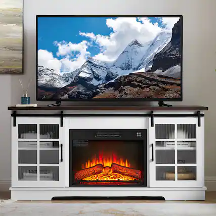 Front. Chateau Abodes - 60" Farmhouse TV Stand with 23" Fireplace, 2 Fluted Glass Doors & Large Storage for up to 65" TVs - White.
