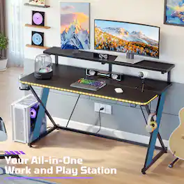 RSPGAME - 47" RGB Gaming Desk with Monitor Stand, Cup Holder & Headphone Hook - Black&Blue