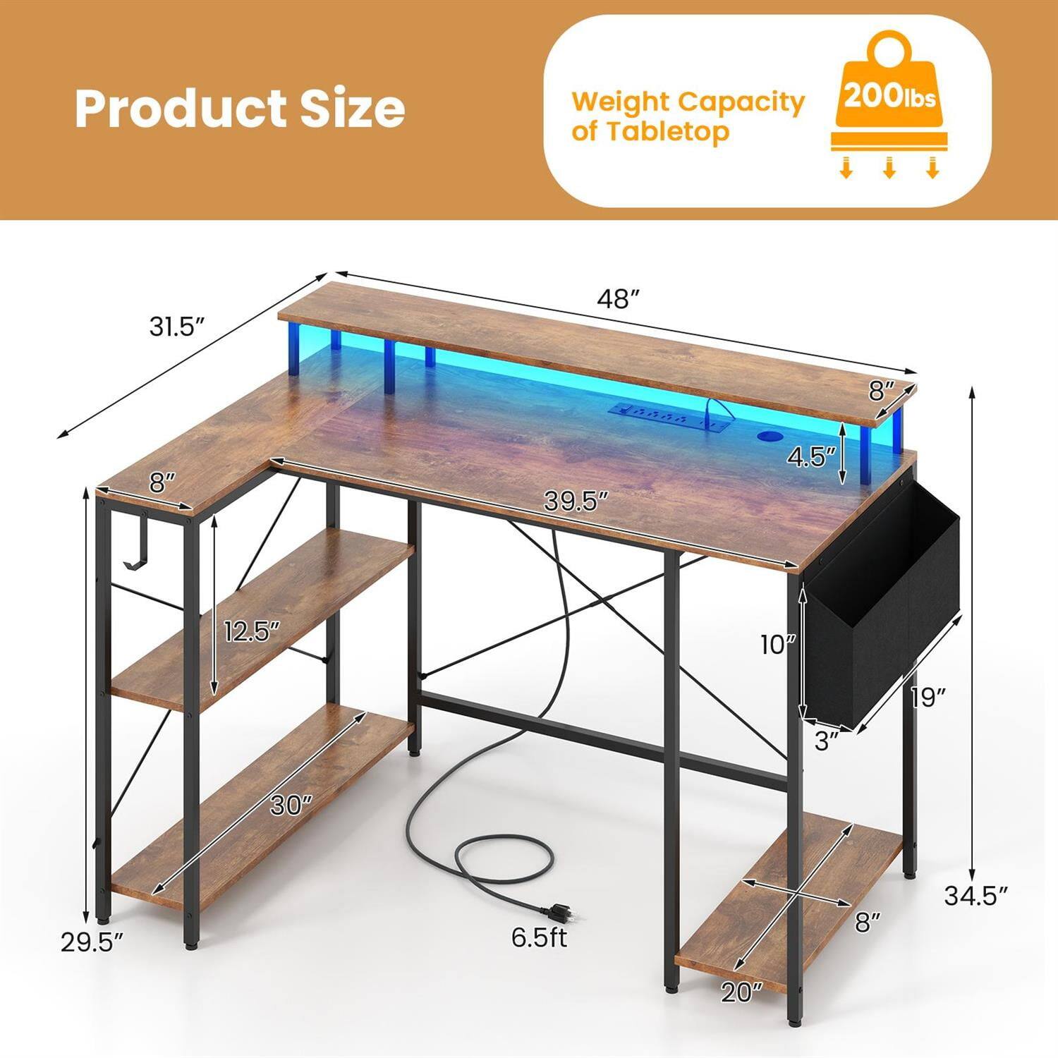Product Size  
Weight Capacity of Tabletop: 200lbs  

- Length: 48"  
- Width: 31.5"  
- Height: 34.5"  
- Tabletop Thickness: 4.5"  
- Shelf 1 Height from Floor: 12.5"  
- Shelf 2 Height from Floor: 30"  
- Drawer Height: 19"  
- Drawer Width: 10"  
- Drawer Depth: 3"  
- Leg Width: 8"  
- Overall Height: 29.5"  
- Overall Depth: 20"  
- Cord Length: 6.5ft