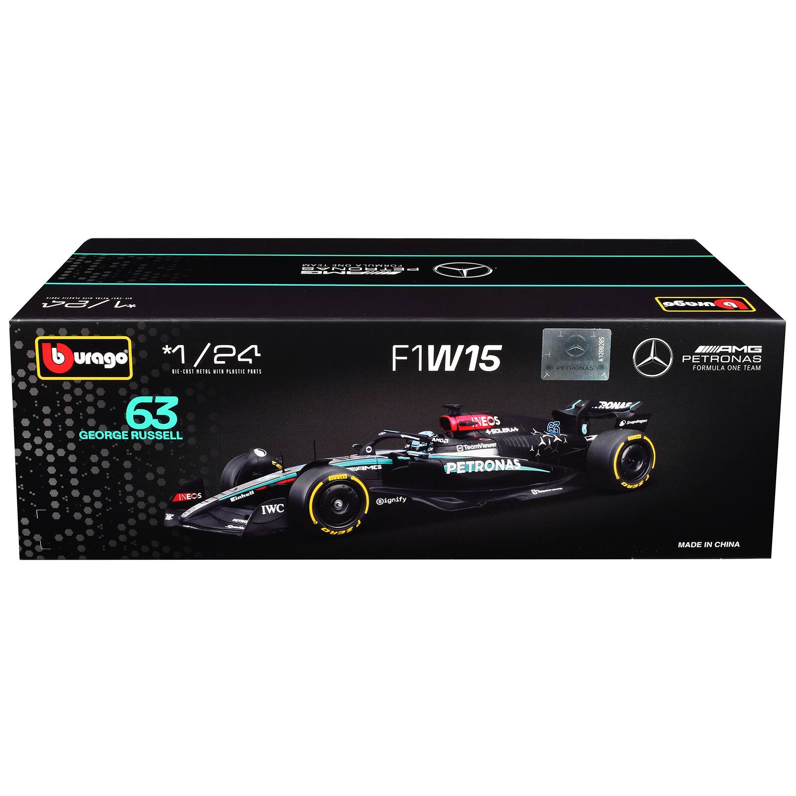 APAA L 0-a 000E COEIIE .c 0/L - Hed a b urago 1/24 DL-I N .. nLoSEie N 63 GEORGE RUSSELL NROS - IWC - F1W15 OYENECS NEOS H0B  -oo - PETRONAS - @ignafy GNSE A1H2S PELDUNA TONAS - WAMO PETRONAS FORMULA ONE TEAM MADE IN CHINA
