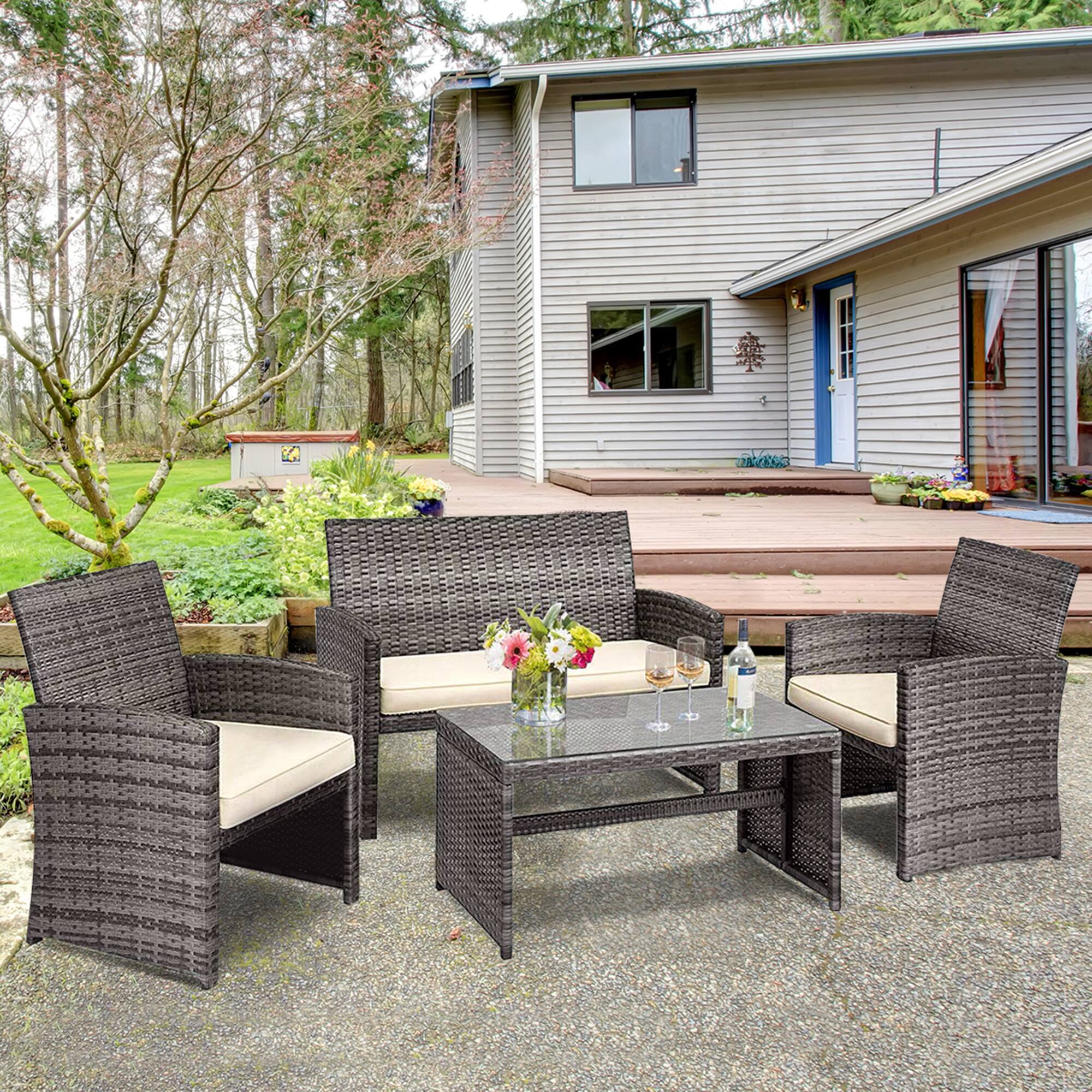 Alt View 4. Gymax - Gymax 4PCS Patio Outdoor Rattan Furniture Set Chair Loveseat Table Cushioned - Mix Grey.