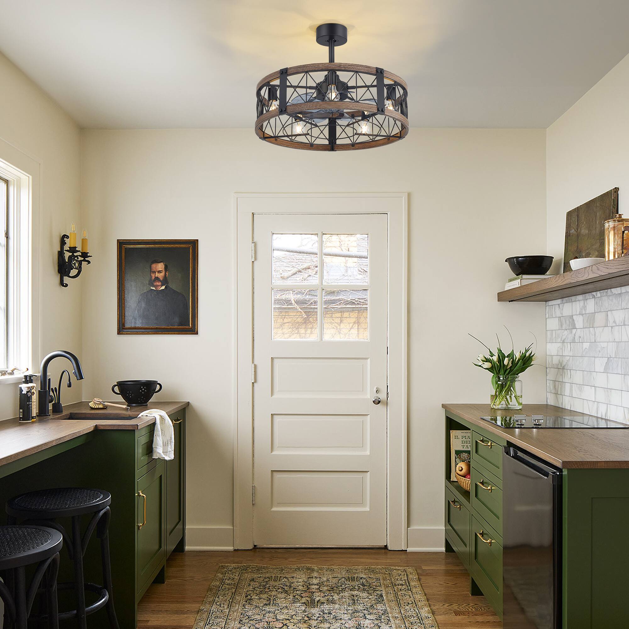 Alt View 1. Breezary - 28-Inch Ceiling Fan with 7 ABS Blades, 5-Light Cage Design, DC Motor, Reversible Mode, Timer, Remote, Downrod Mount - Black and White Oak.