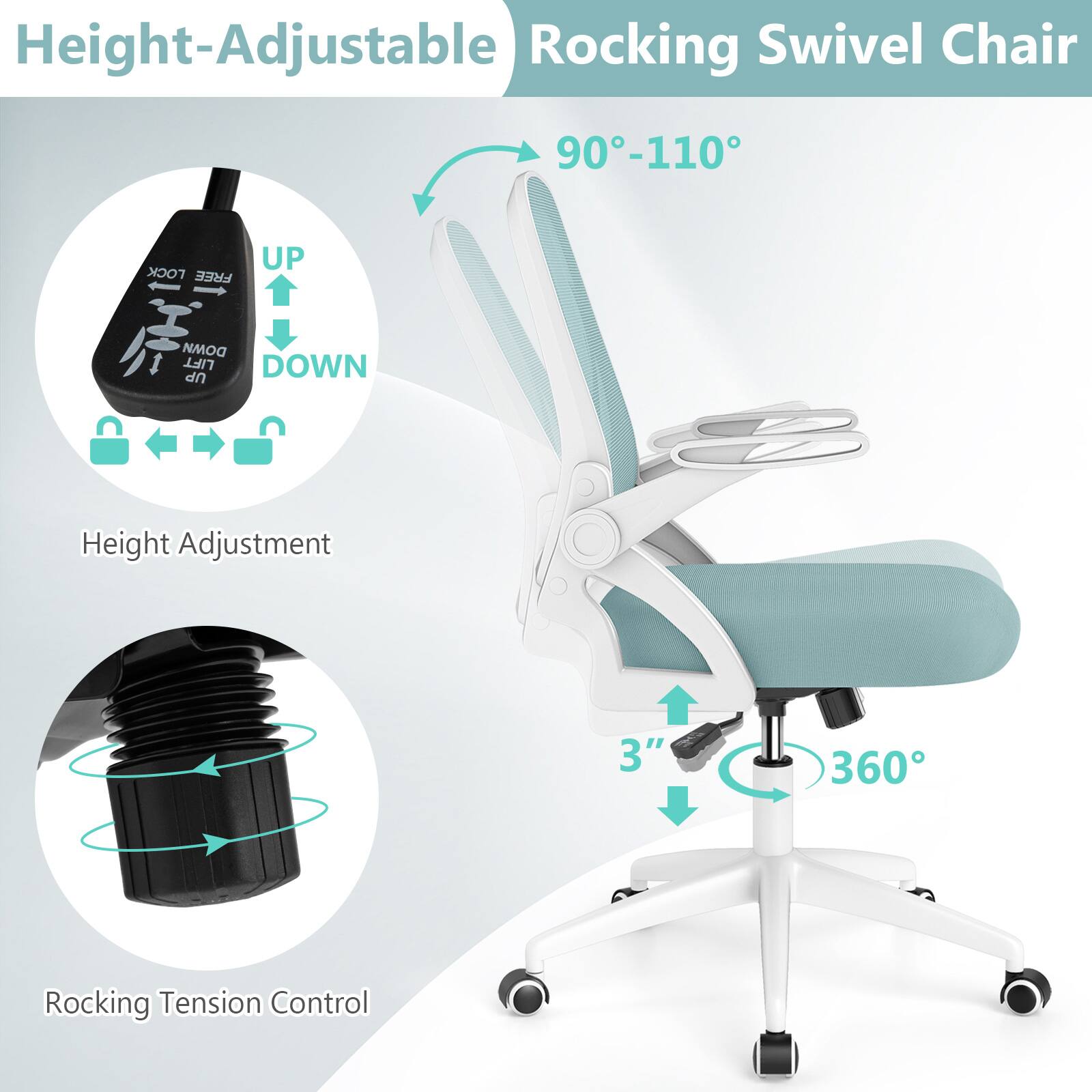 Height-Adjustable Rocking Swivel Chair

- Height Adjustment: UP DOWN
- Rocking Tension Control
- 90°-110°
- 3" Height Adjustment
- 360° Swivel