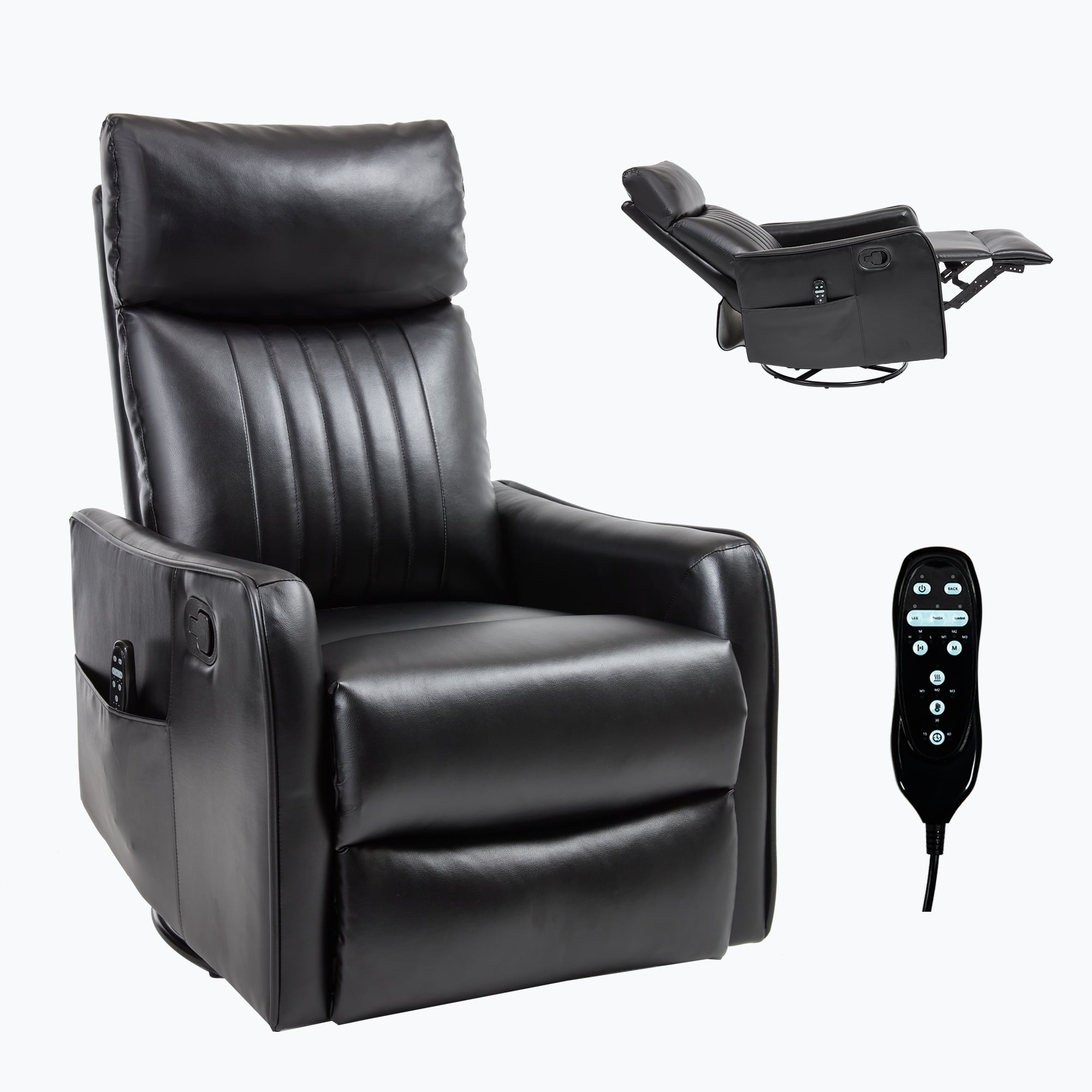 LUCKY ONE - Faux Leather Manual Recliner Chair with 360° Swivel, Rocker, Massage and Lumbar Heat - Black