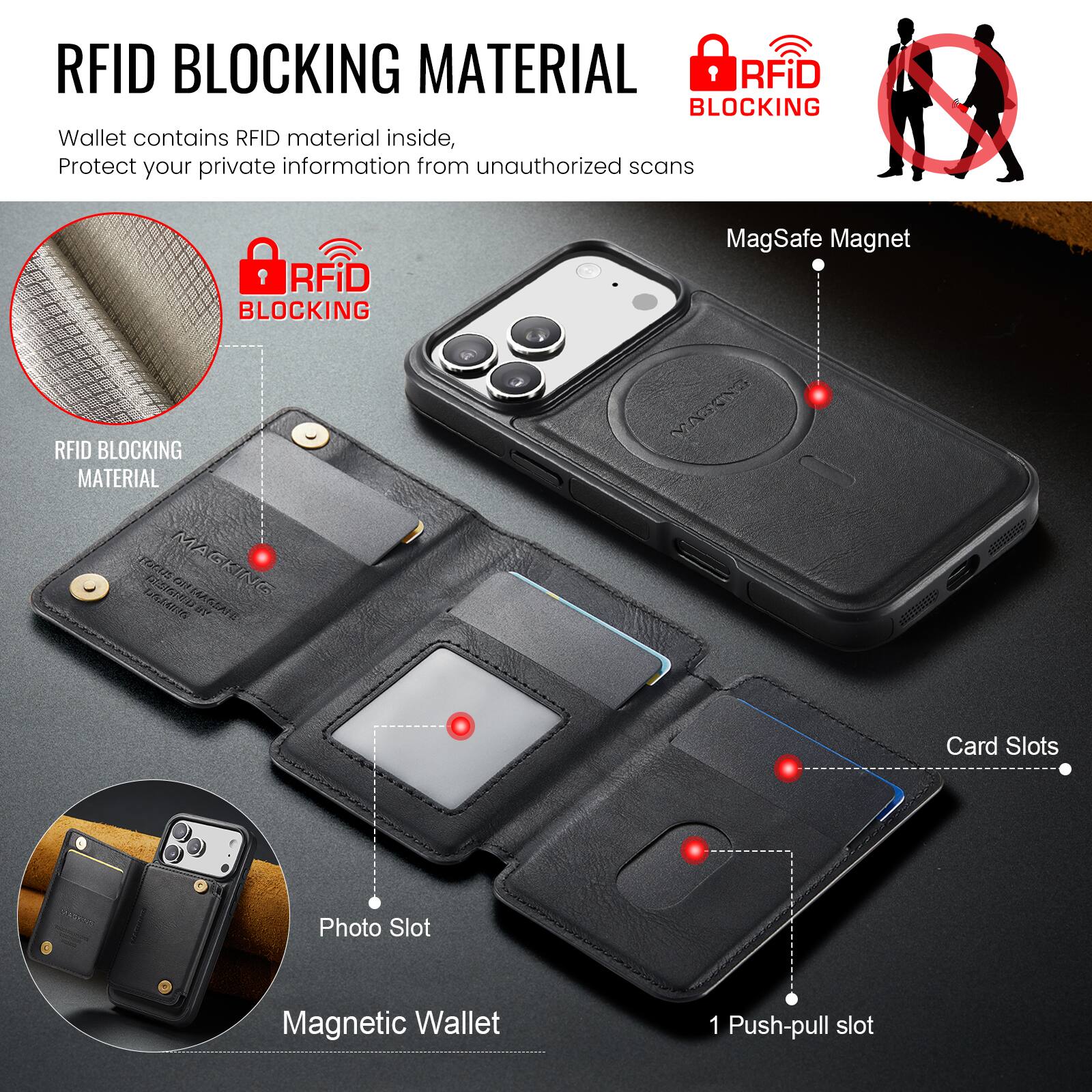 RFID BLOCKING MATERIAL

Wallet contains RFID material inside, Protect your private information from unauthorized scans

RFID BLOCKING MATERIAL

RFiD BLOCKING MagSafe Magnet

RFiD BLOCKING MATERIAL

TTIE ESUMGAL MAGKING TSAZI ENDEUA

Card Slots

Photo Slot

Magnetic Wallet

1 Push-pull slot