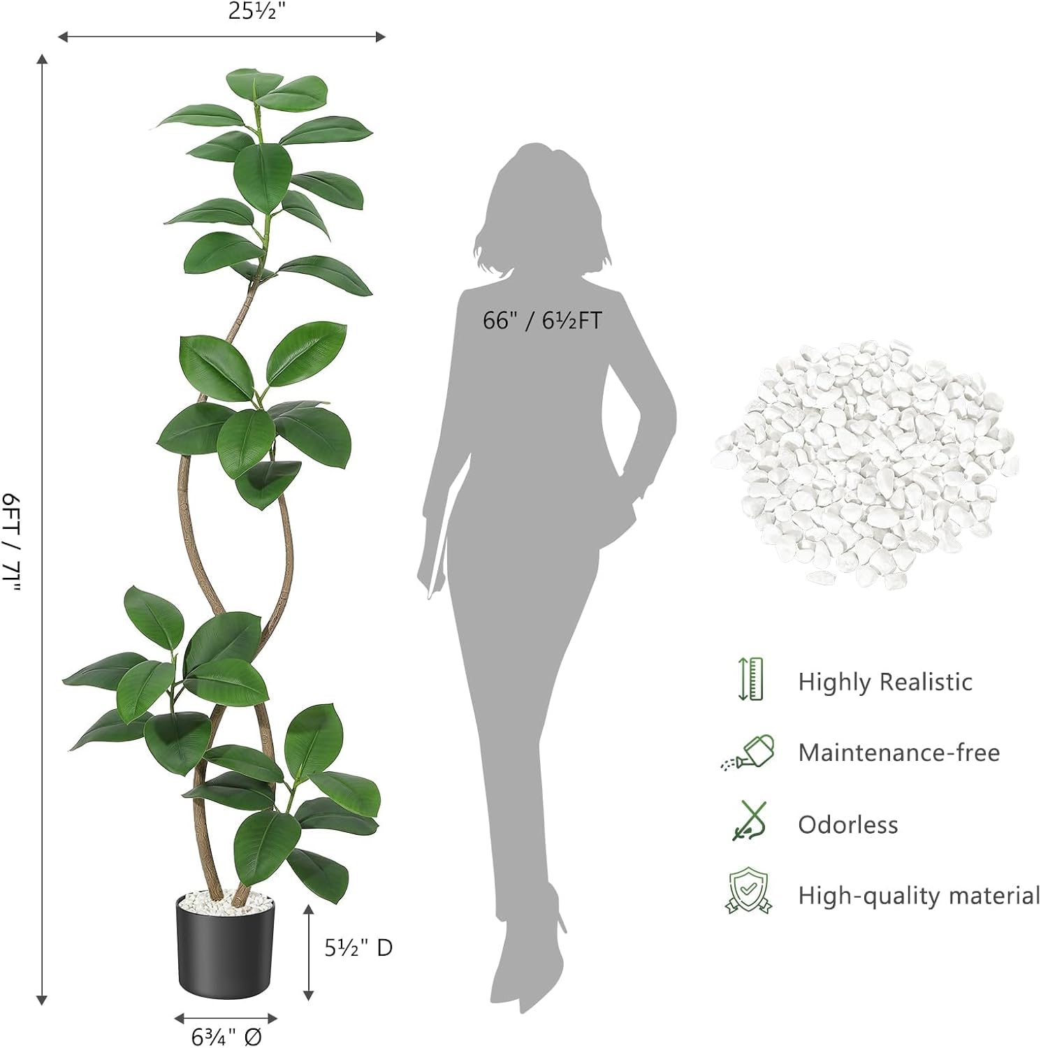 25½"  
66" / 6½FT  
6FT / 71"  
5½" D  
6¾"  

Highly Realistic  
Maintenance-free  
Odorless  
High-quality material