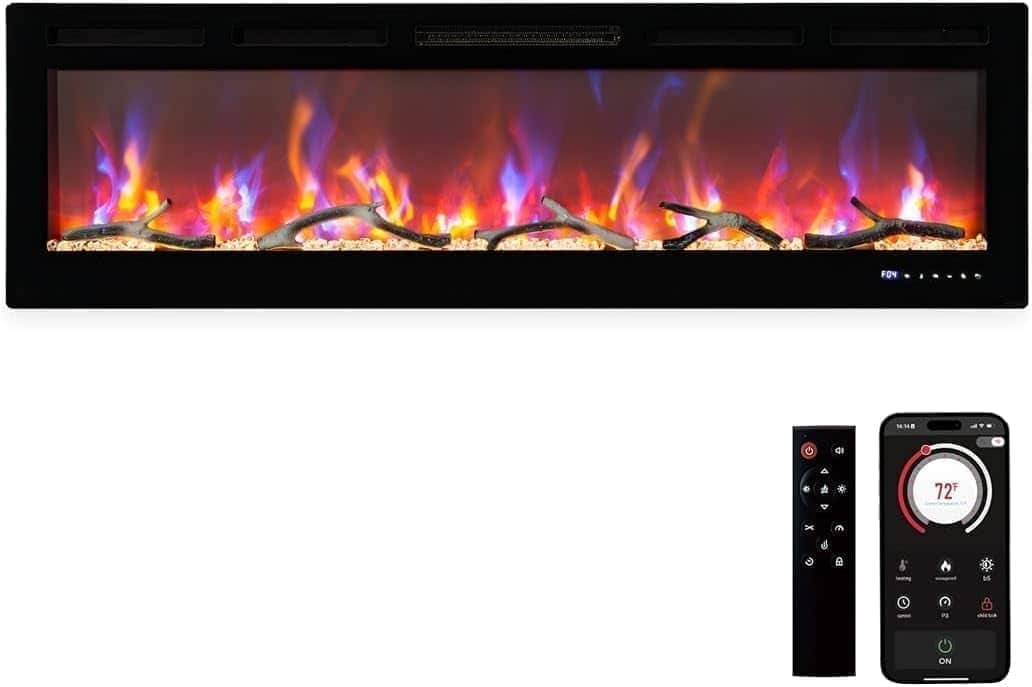 Qeetex - 67" Recessed Wall Mount Electric Fireplace, 1500W Heater, 12 Flame Colors, Touch Screen & Remote Control - Brown