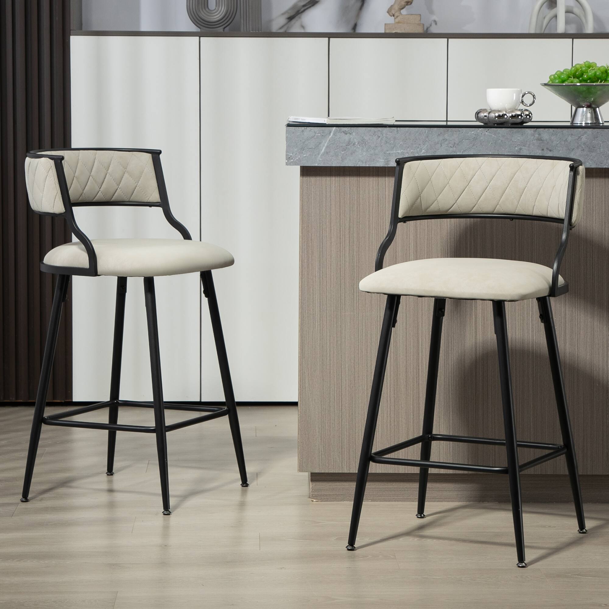 Front. APRILSOUL - SET OF 2 26 Counter Height Bar Stools PU Cover Kitchen Island Stool Black Base Footrest Beige - White.